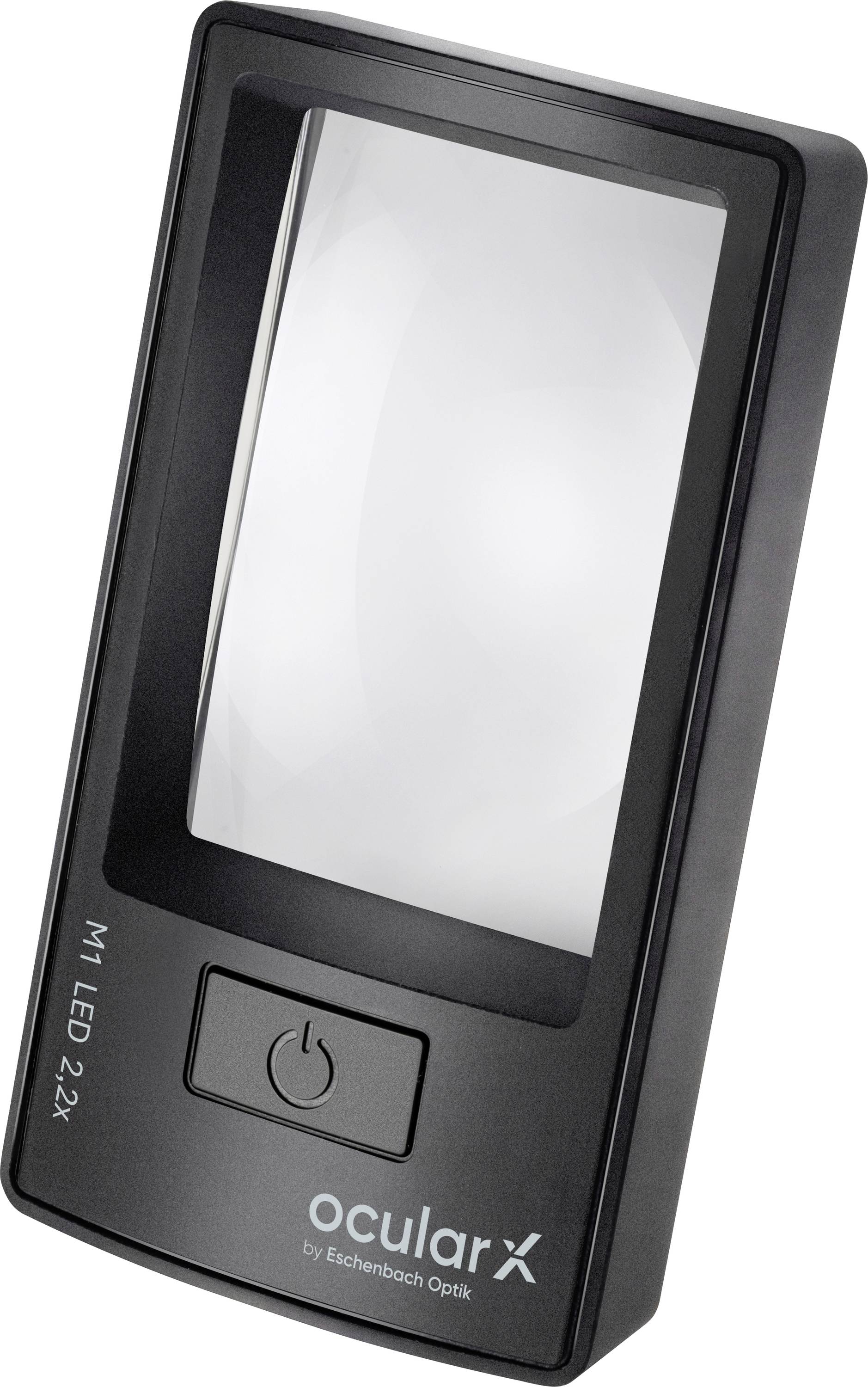 Tragbares schwarzes OcularX-Handgerät mit großem leerem Display und Stromschalter, in einem Winkel auf weißem Hintergrund dargestellt.