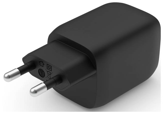 Schwarzer Zwei-Stift-Strom-Wandladegerät-Adapter mit abgerundetem Gehäuse auf weißem Hintergrund.