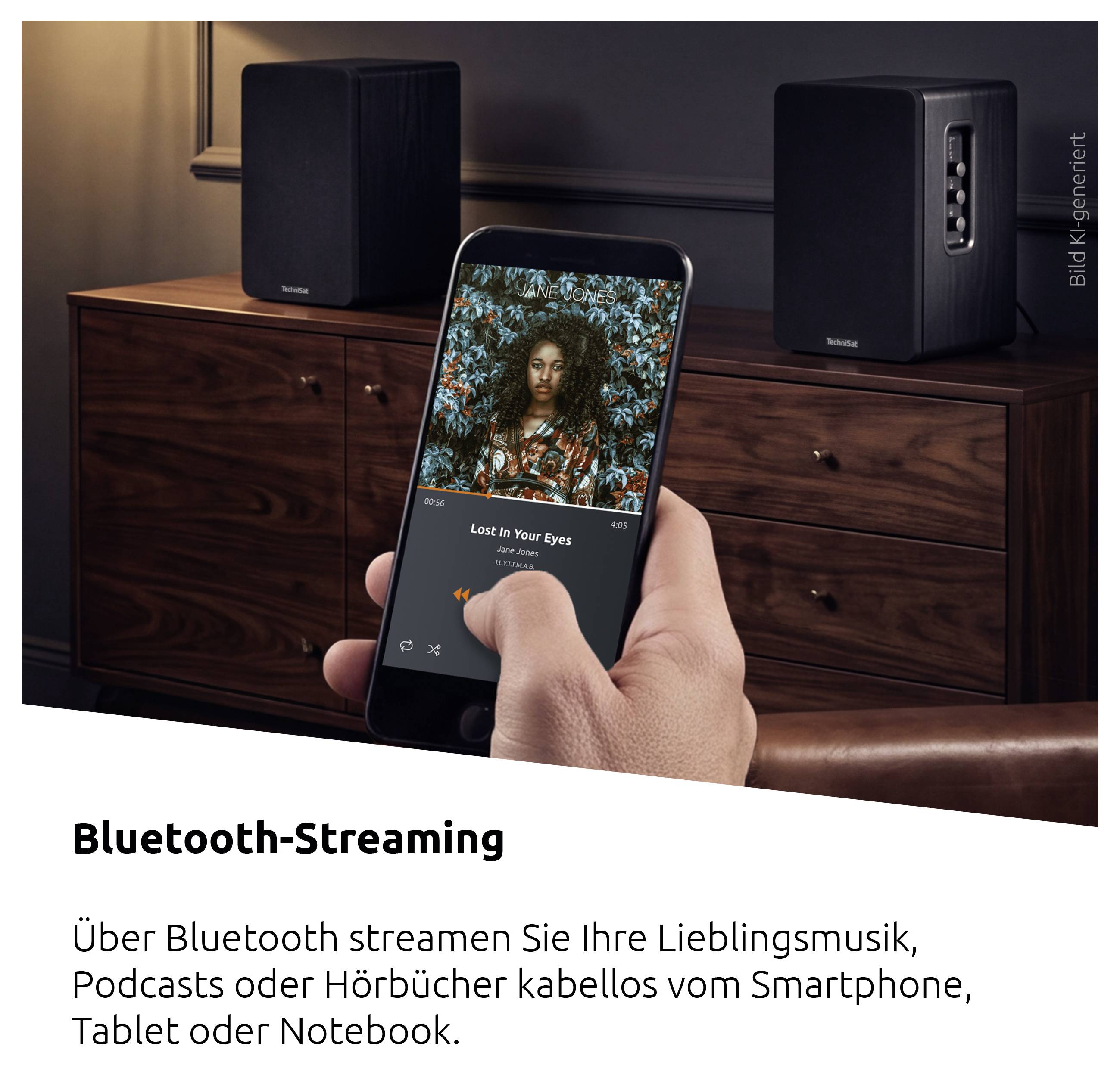 Hand hält ein Smartphone, das Musik abspielt, während es mit zwei kabellosen Lautsprechern verbunden ist; Text besagt „Bluetooth-Streaming