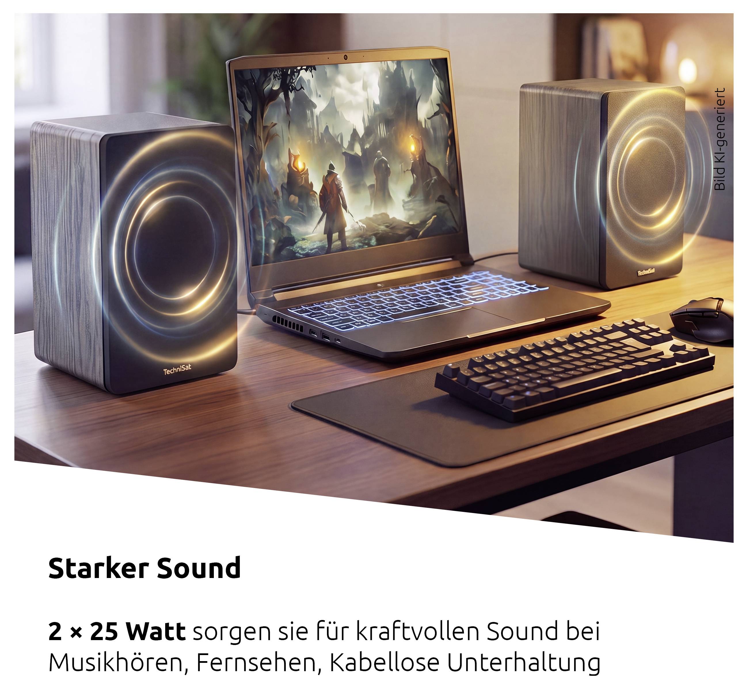 Gaming-Laptop mit zwei beleuchteten Lautsprechern auf einem Schreibtisch; deutscher Anzeigentext sagt „Starker Sound