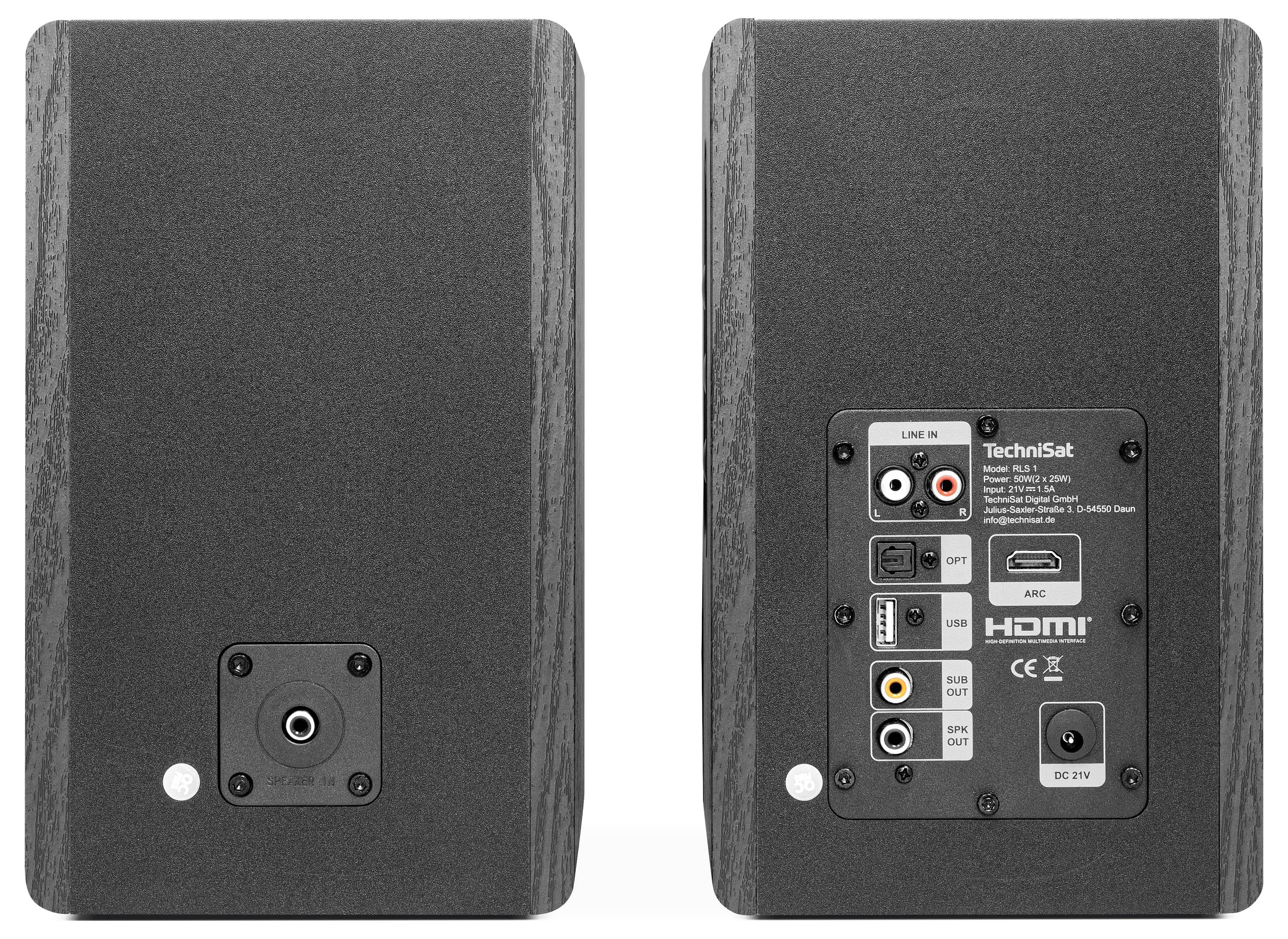 Rück- und Vorderansicht eines schwarzen TechniSat-Lautsprechers; die Rückseite zeigt Audioeingänge, HDMI, USB, Koaxial-, Optik- und Gleichstromverbindungen.