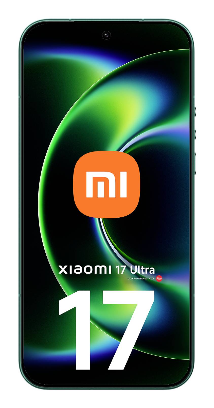 Xiaomi 17 Ultra-Smartphone in Frontalansicht mit grün-blauem abstraktem Hintergrund und großem 