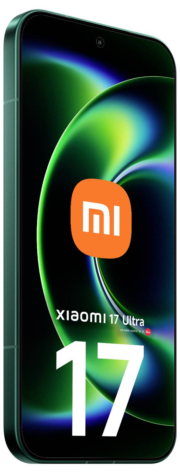 Xiaomi 17 Ultra Smartphone frontal dargestellt mit schwarzem Bildschirm, grün-blau abstraktem Hintergrundbild, Xiaomi-Logo und großem Text „17".