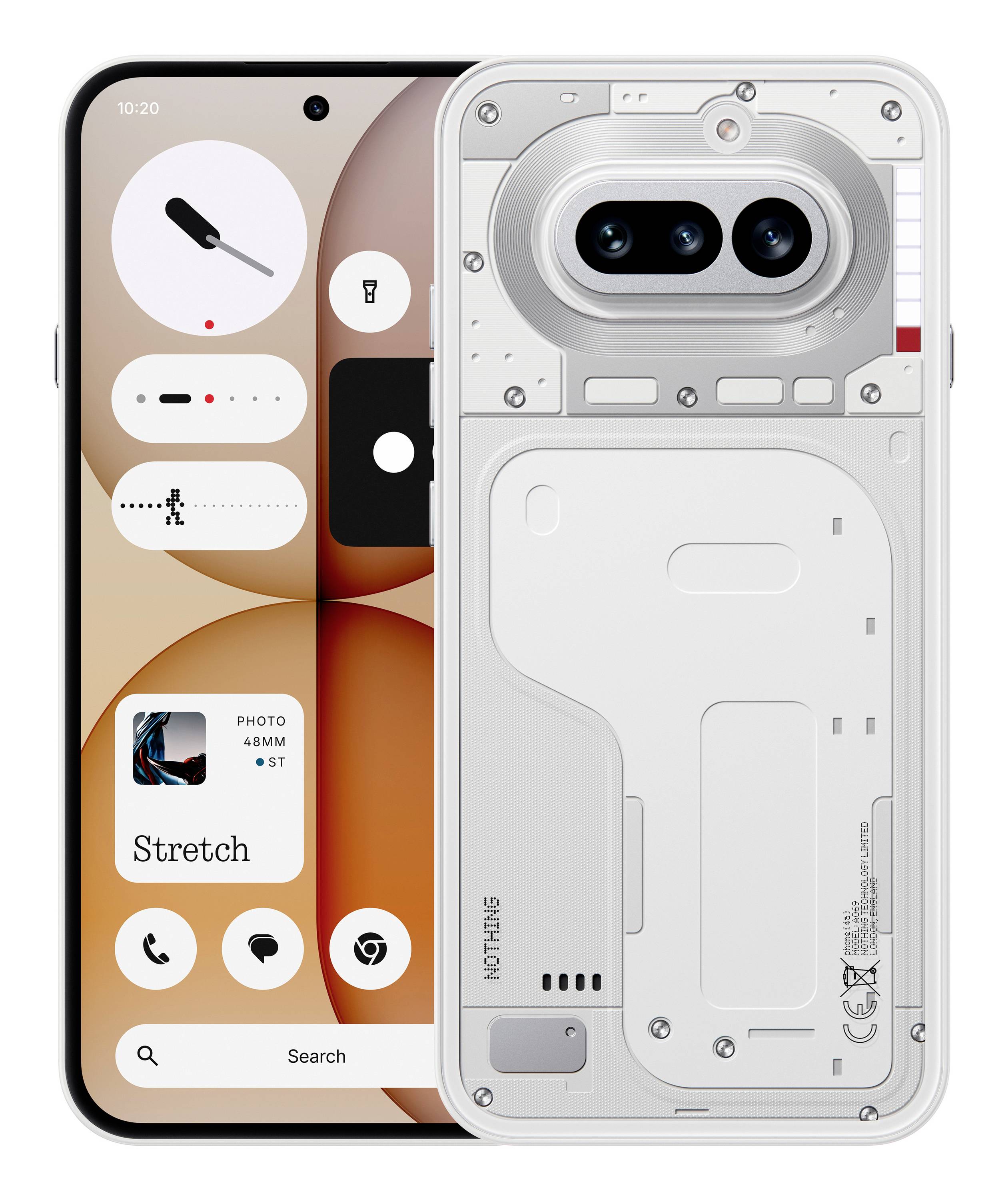 Weißes Nothing-Smartphone von vorne und hinten gezeigt, mit der Rückseite, die ein transparentes Design und ein Dual-Kamera-Modul zeigt, und der Vorderseite, die einen stilisierten Startbildschirm anzeigt.
