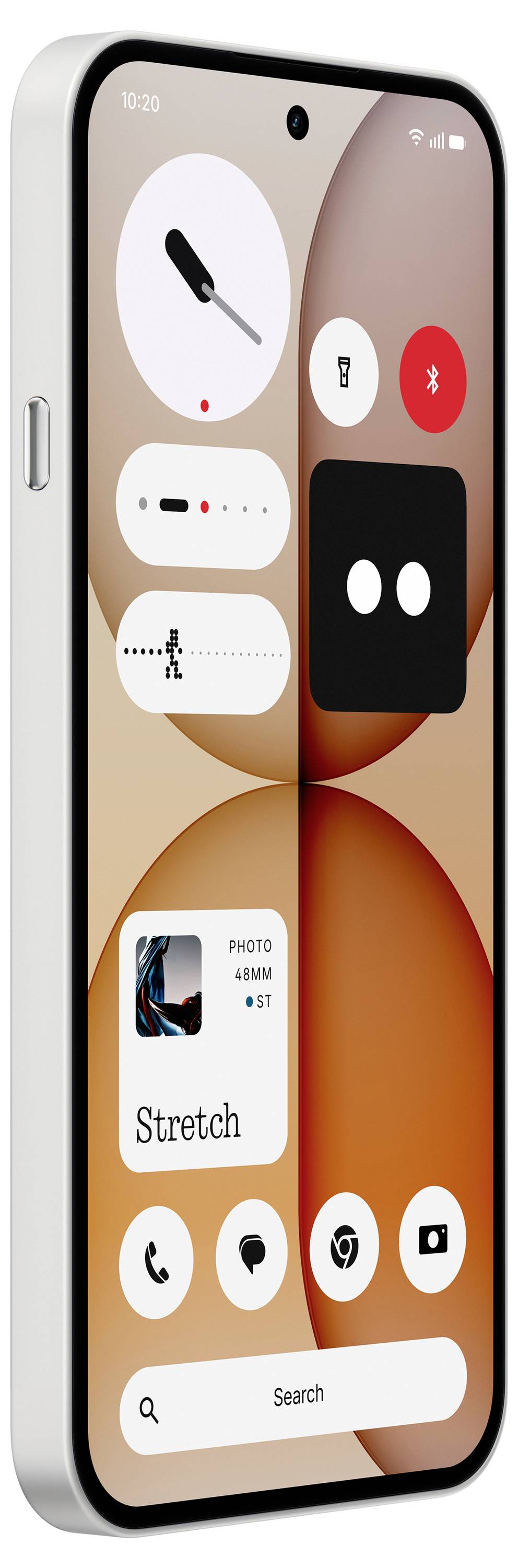 Ein Smartphone-Startbildschirm mit dem Foto-App-Widget "Stretch" und mehreren kreisförmigen App-Symbolen auf einem beige und orange abstrakten Hintergrund.