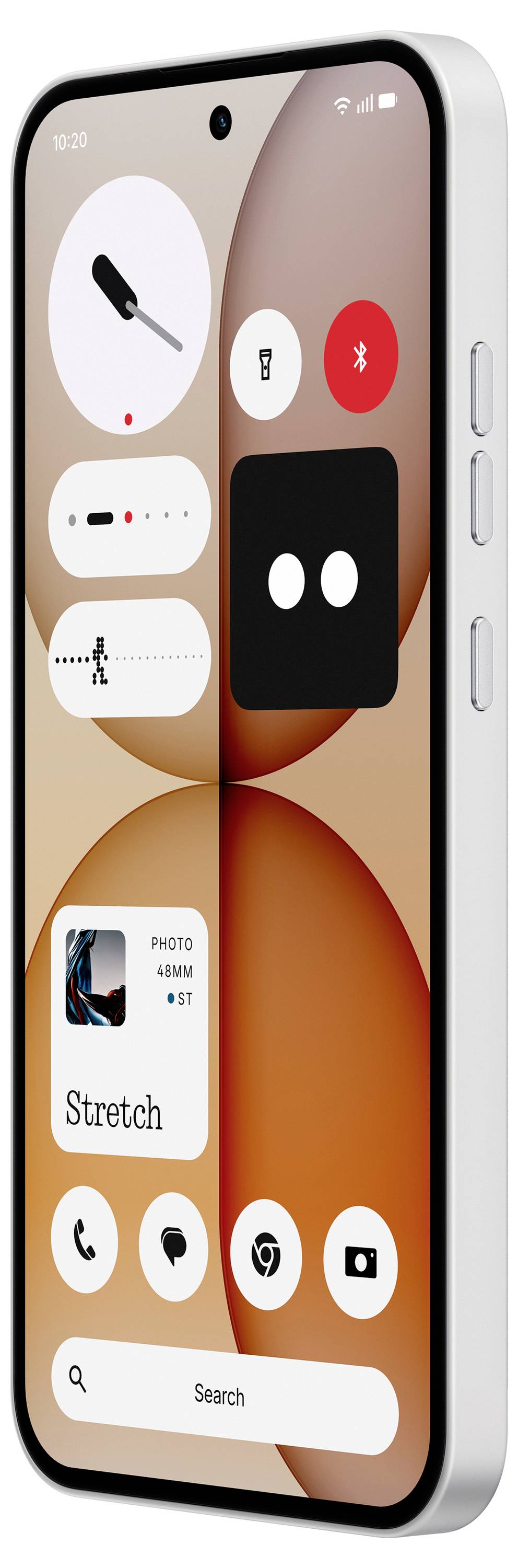 Startbildschirm des Smartphones mit Bedienungshilfe-ähnlichen Steuerelementen, einschließlich Taschenlampe, Bluetooth, Schiebereglern und einem "Stretch"-Foto-Widget.