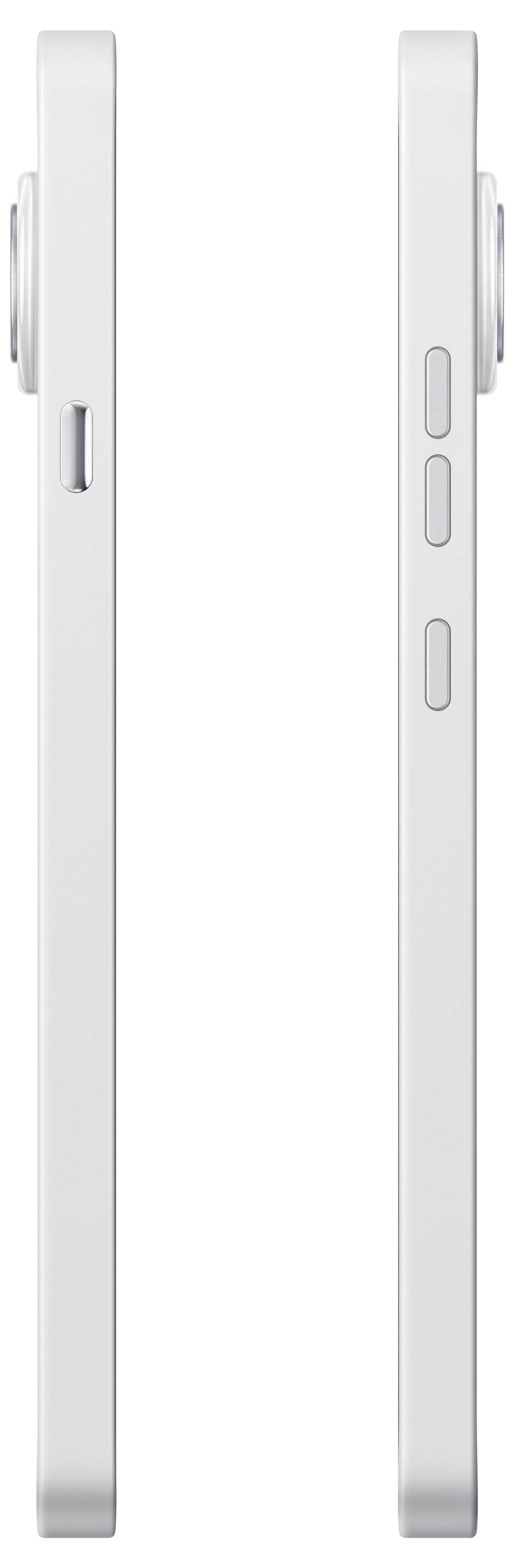Nebeneinander angeordnete Seitenansichten eines dünnen silbernen Smartphones, die die Seitentaste und die Lautstärkeregler an jeder Kante zeigen.