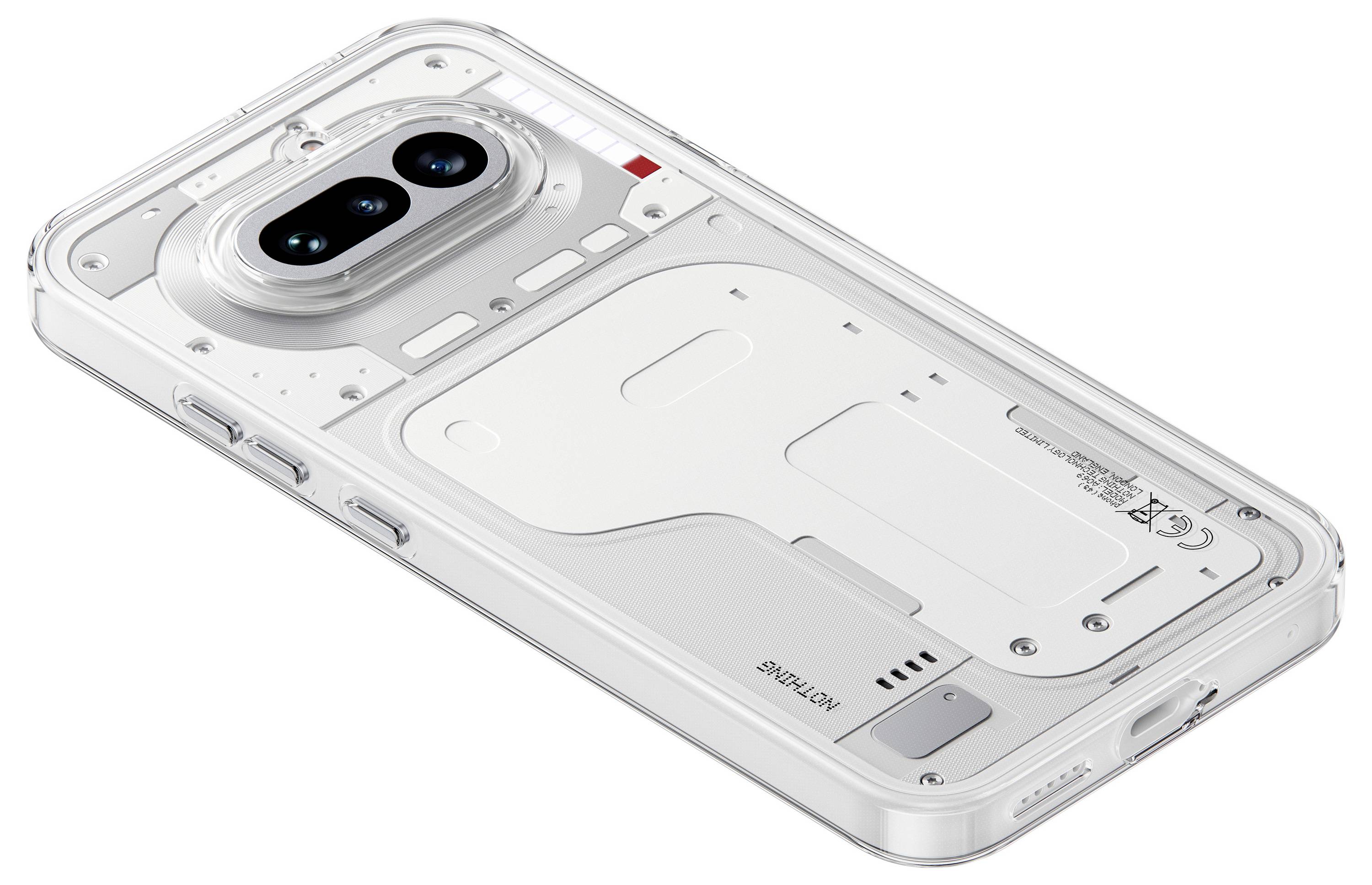 Transparente Handyhülle, die die Rückseite eines Smartphones mit Doppelkameramodul und durch das transparente Design sichtbaren internen Komponenten zeigt.