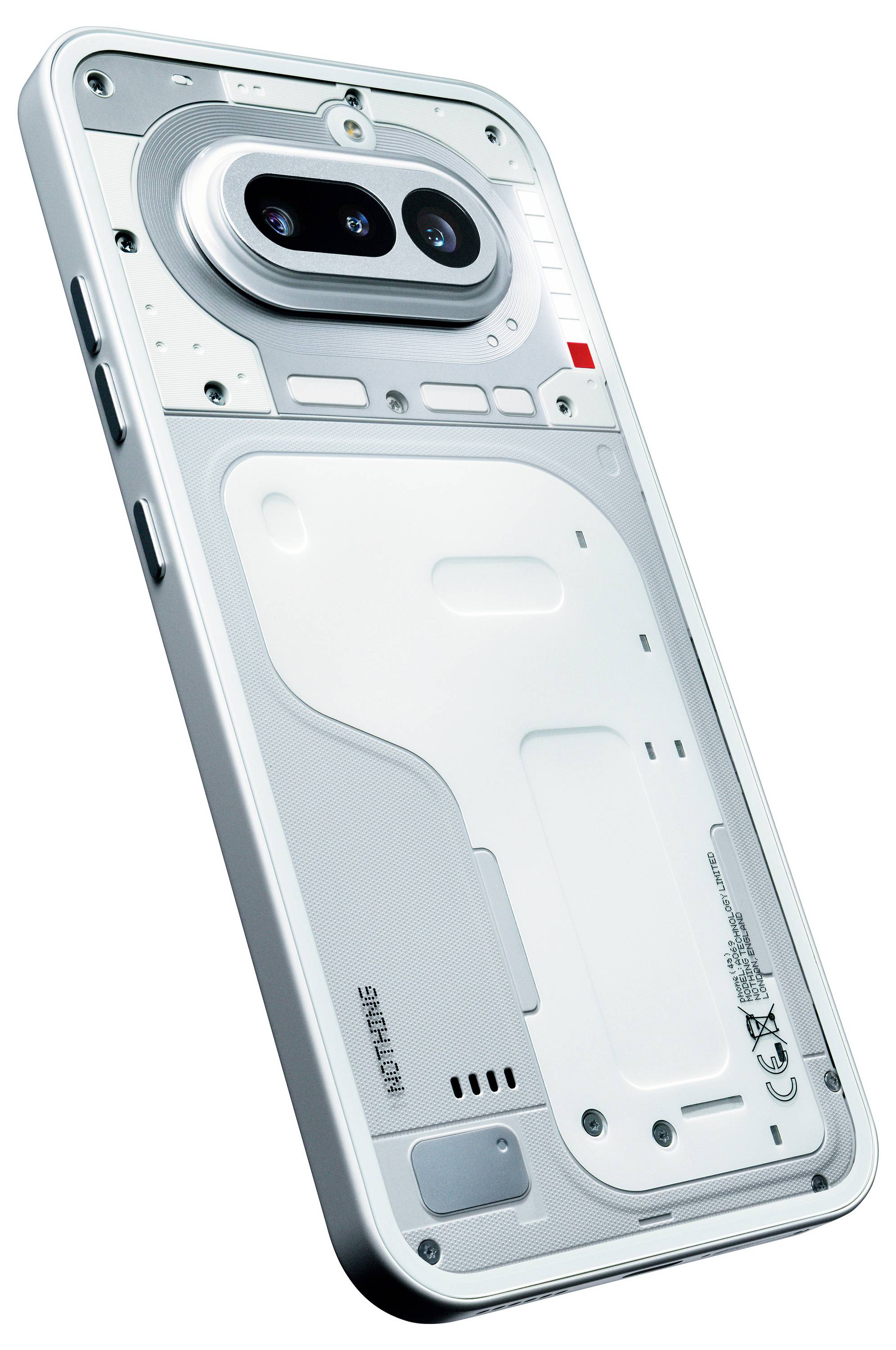 Rückseite eines weißen Smartphones mit transparentem Design, das dual Rückkameras und interne Komponenten durch das Gehäuse zeigt.