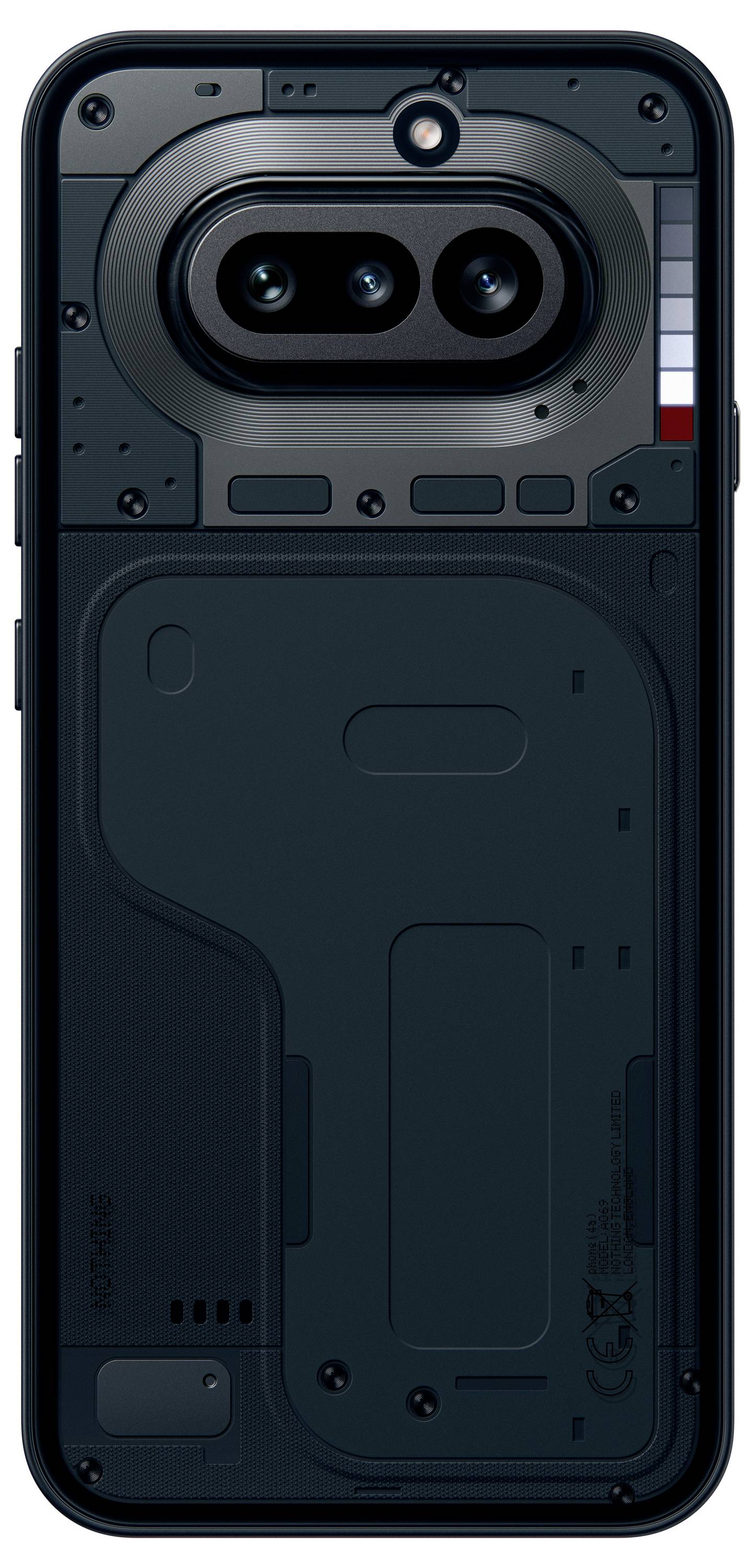 Rückansicht eines Smartphones mit einem großen horizontalen Dual-Kamera-Modul und Blitz in der Mitte oben.