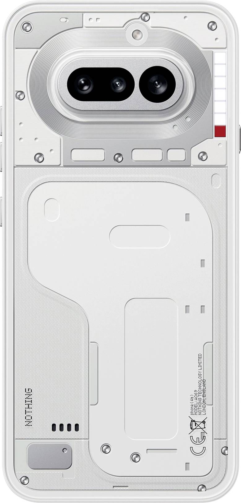 Rückansicht eines transparenten Smartphones mit sichtbaren internen Komponenten und Dual-Kamera-Modul, mit der Bezeichnung 