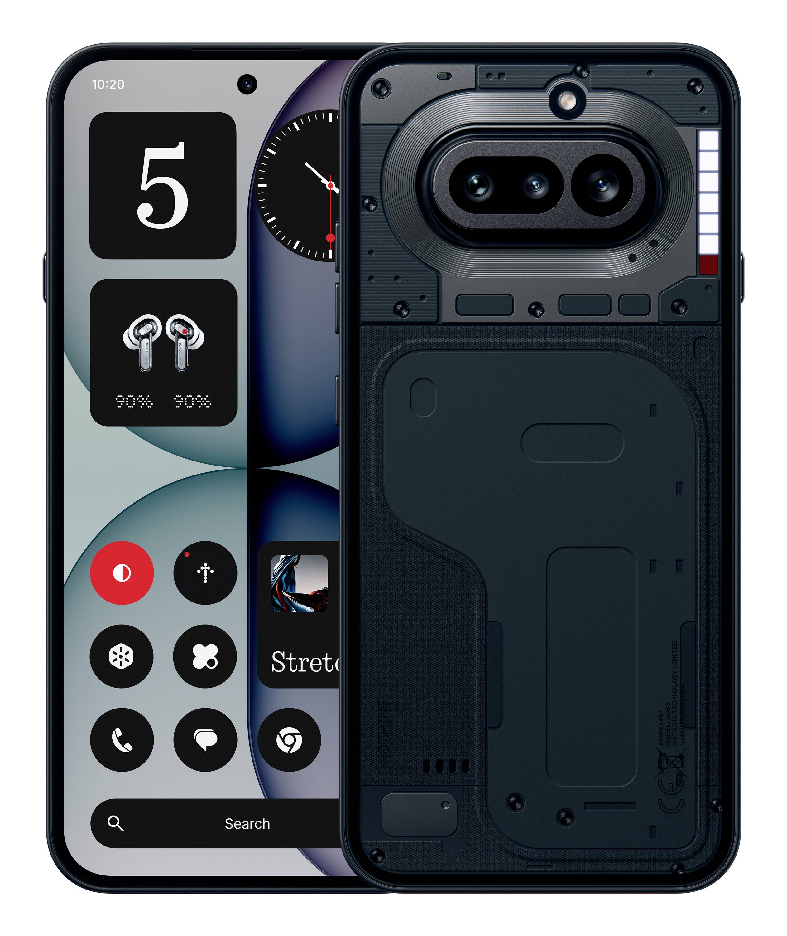 Zwei Smartphones von vorne und hinten dargestellt; die Vorderseite zeigt einen widgetgestützten Startbildschirm, und die Rückseite zeigt ein transparentes, industrielles Design mit Doppelkameras.