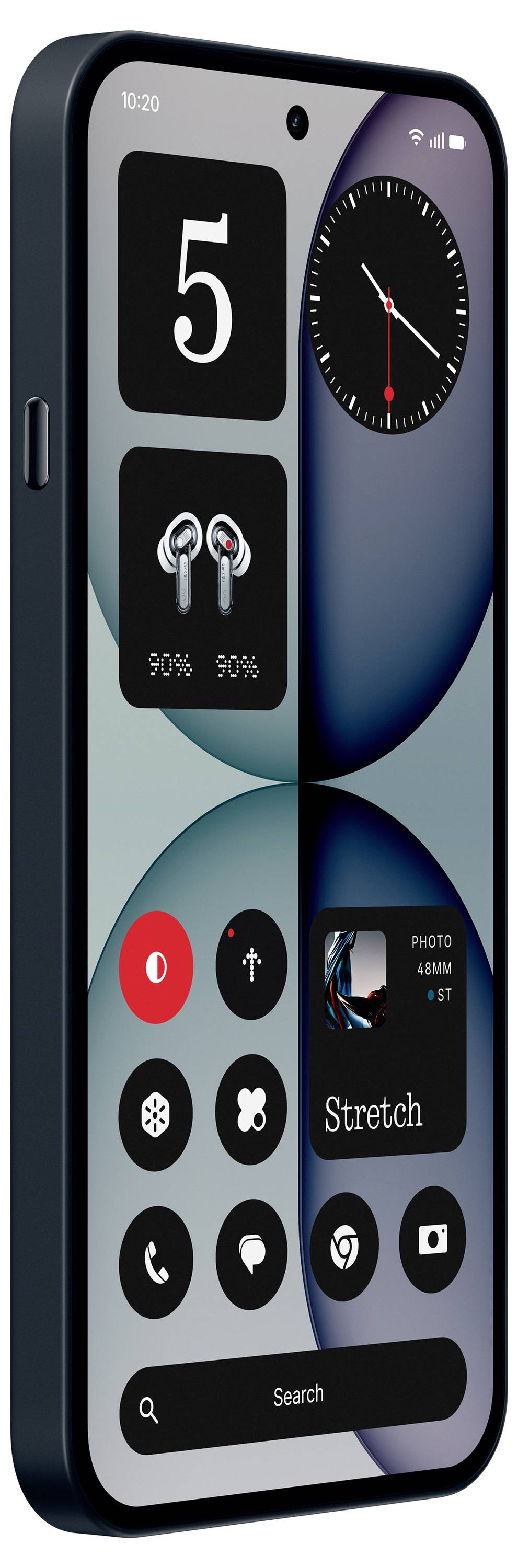 Smartphone-Startbildschirm mit einem großen digitalen „5"-Widget, einer Analoguhr, dem Akkustatus der Ohrhörer und einem Raster von kreisförmigen App-Symbolen über einer Suchleiste.