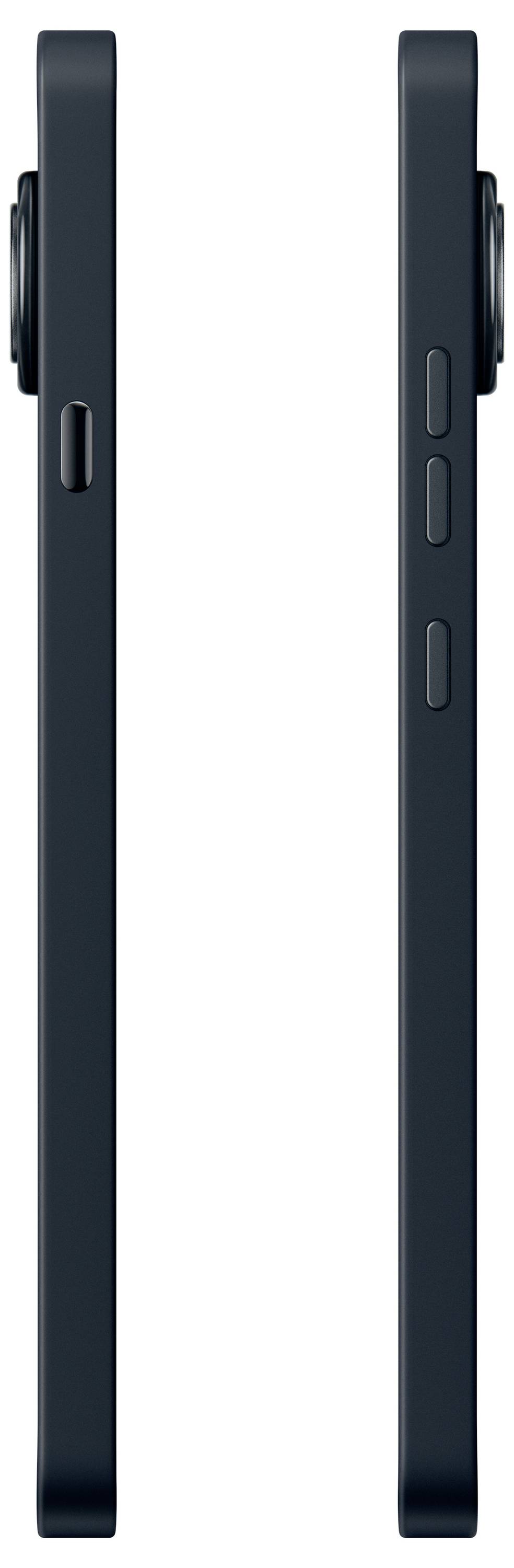 Seitenansichten eines schlanken dunklen Smartphones mit drei Seitentasten auf einer Kante und einem langen Seitenschalter auf der anderen Seite.