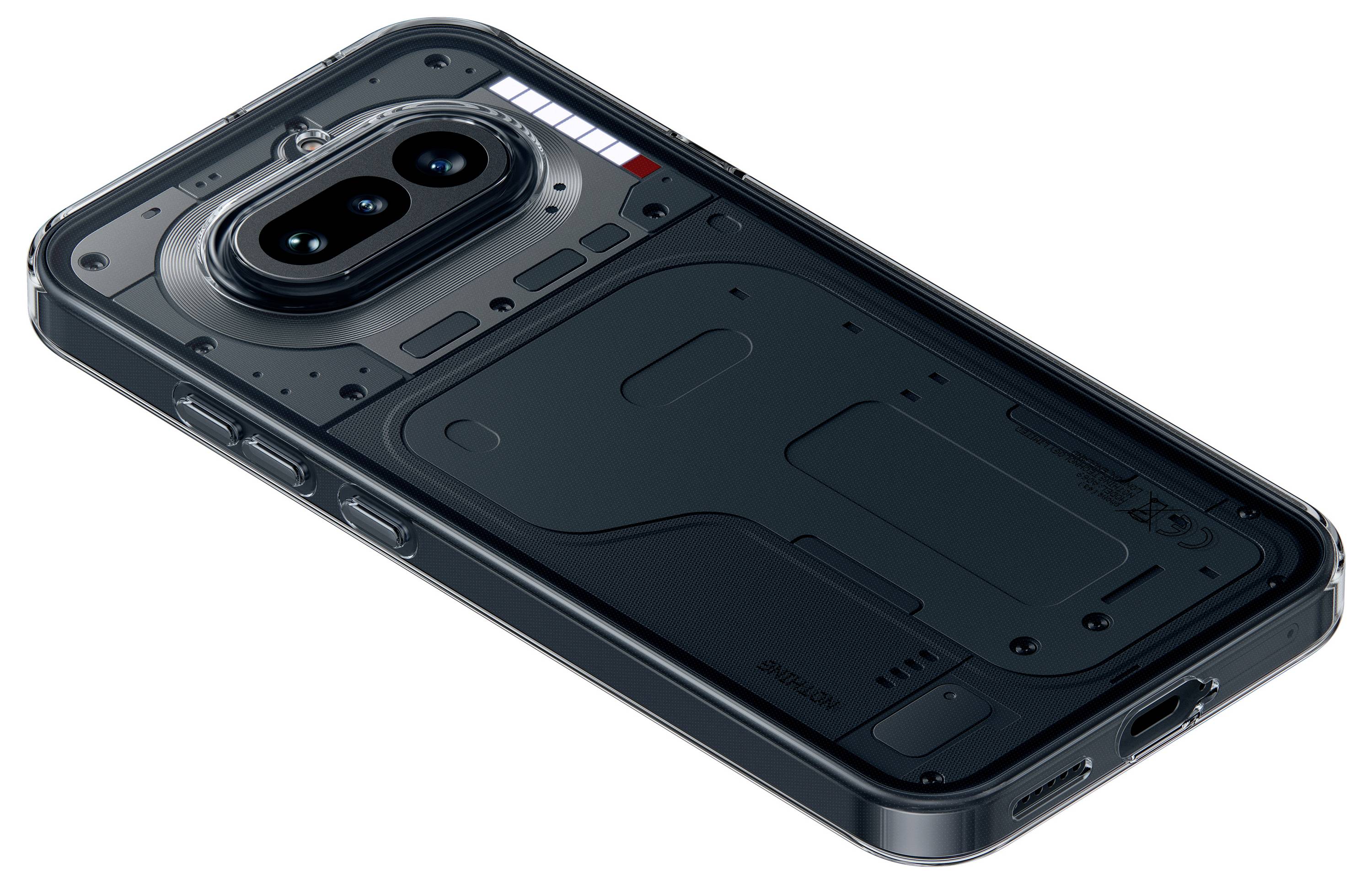 Transparentes Smartphone-Gehäuse, das die Rückseite eines Telefons mit Dual-Rückkameras und freiliegenden internen Komponenten zeigt.