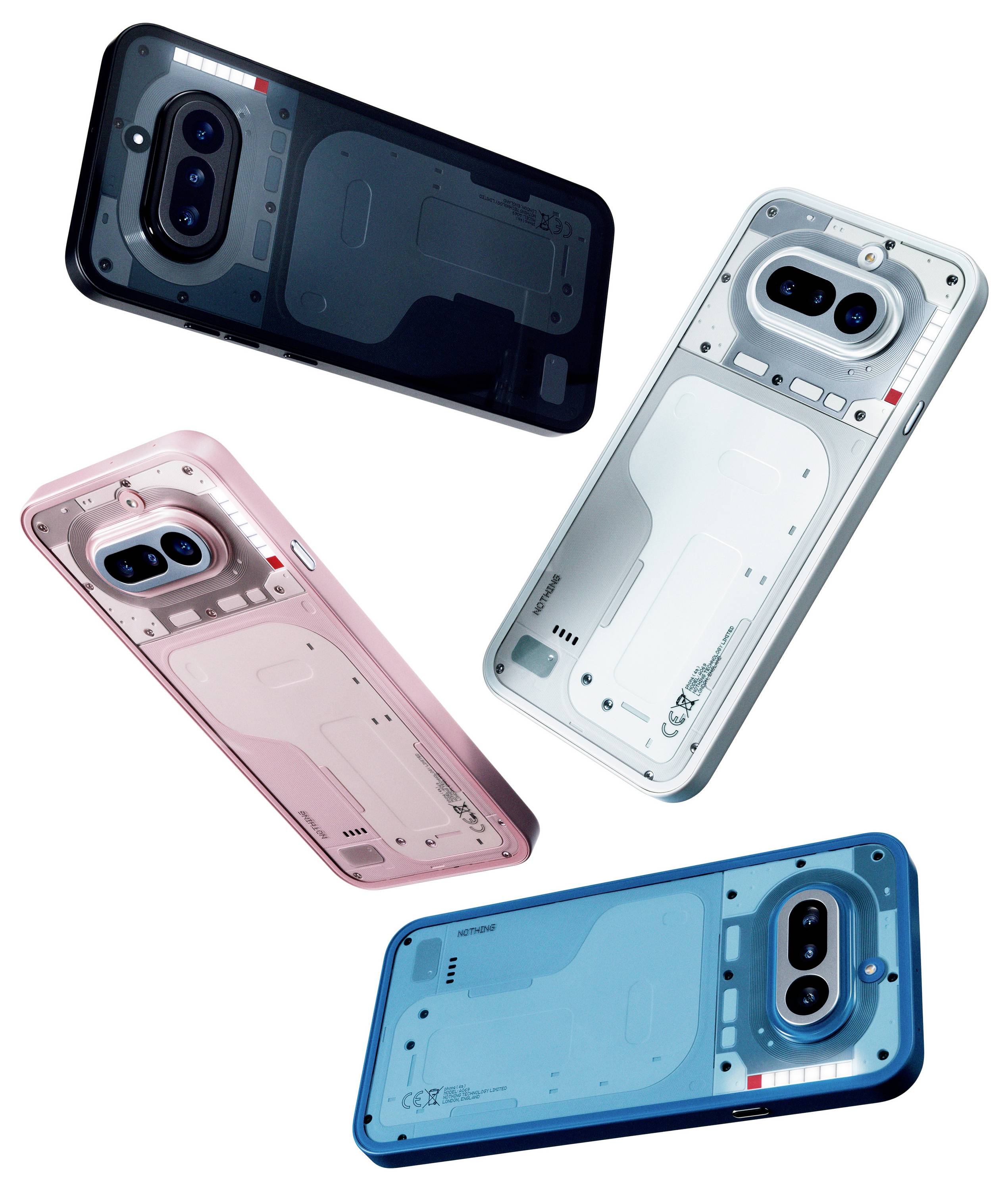 Vier Smartphone-Hüllen in Schwarz, Weiß, Rosa und Blau, jeweils mit transparenter Rückseite, die innere Designdetails enthüllt.
