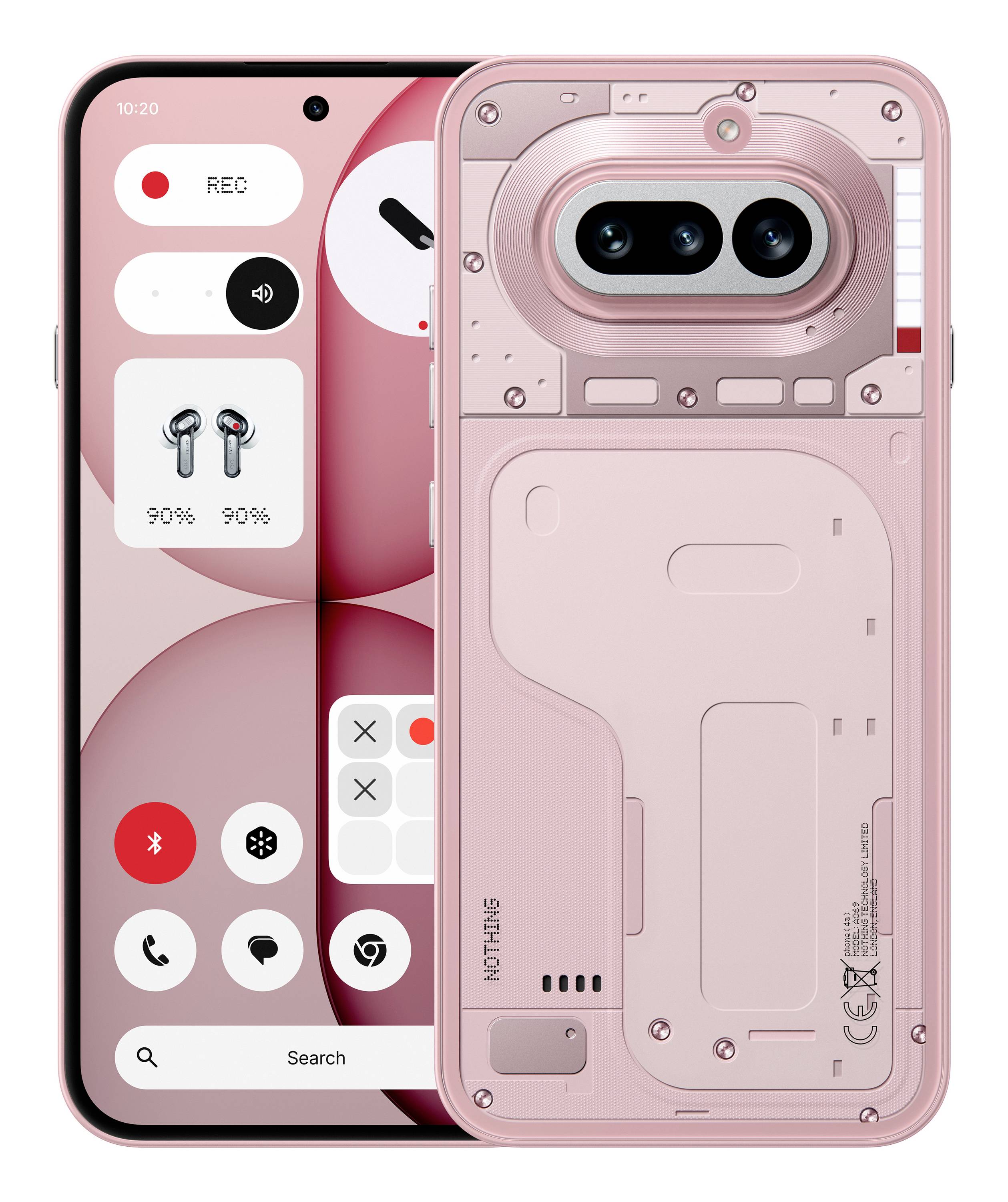 Zwei Ansichten eines rosa Smartphones von vorne und hinten, wobei die Rückseite die dualen Rückkameras und ein transparentes Design betont.