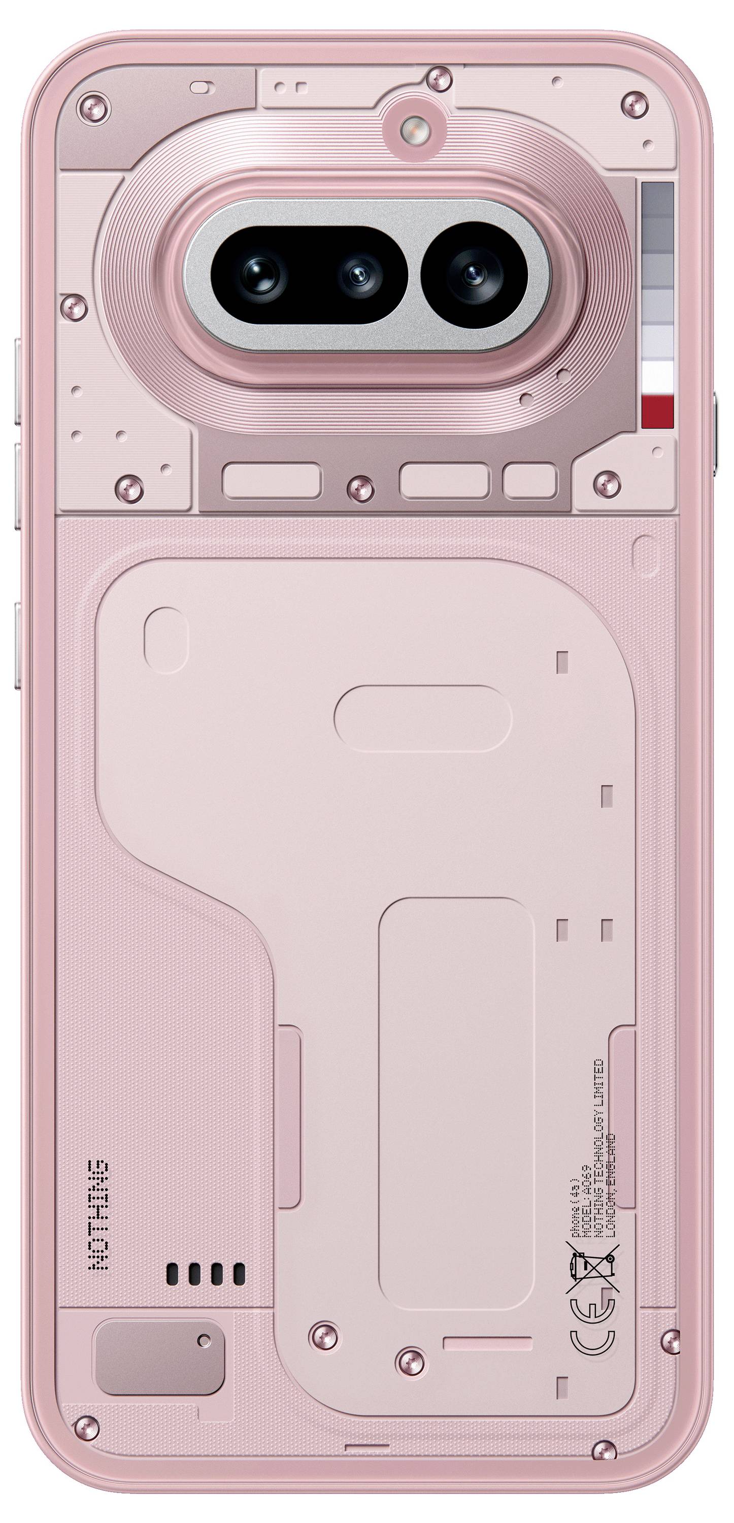 Rückseite eines rosa Smartphones mit einem großen horizontalen Dual-Kamera-Modul und Blitz, zeigt ein transparentes Design im Inneren und "NOTHING"-Branding.