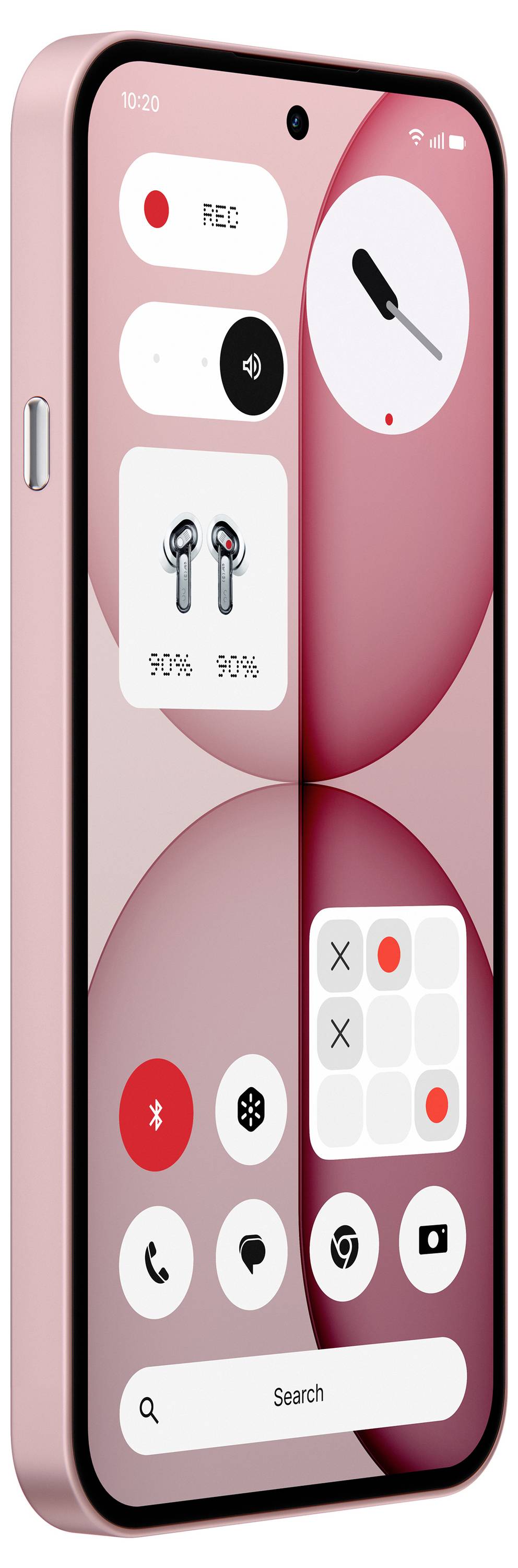 Ein rosa Smartphone-Startbildschirm mit übergroßen Widgets zum Aufnehmen, Audio-, Status der Batterie-Ohrhörer, Bluetooth- und Schnellzugriffs-App-Symbolen sowie einer Suchleiste.