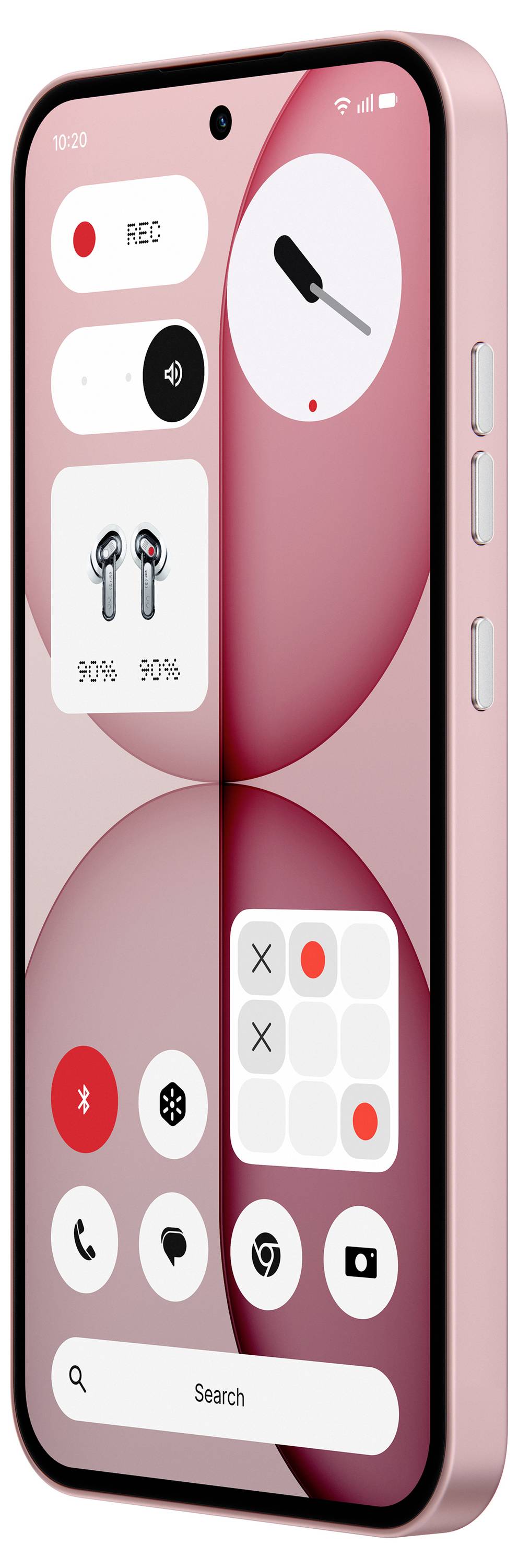 Rosa Smartphone-Startbildschirm mit einer Suchleiste, App-Symbolen, Aufnahmesteuerelementen, Akku-Widgets und einem großen Zifferblatt auf dem Hintergrundbild