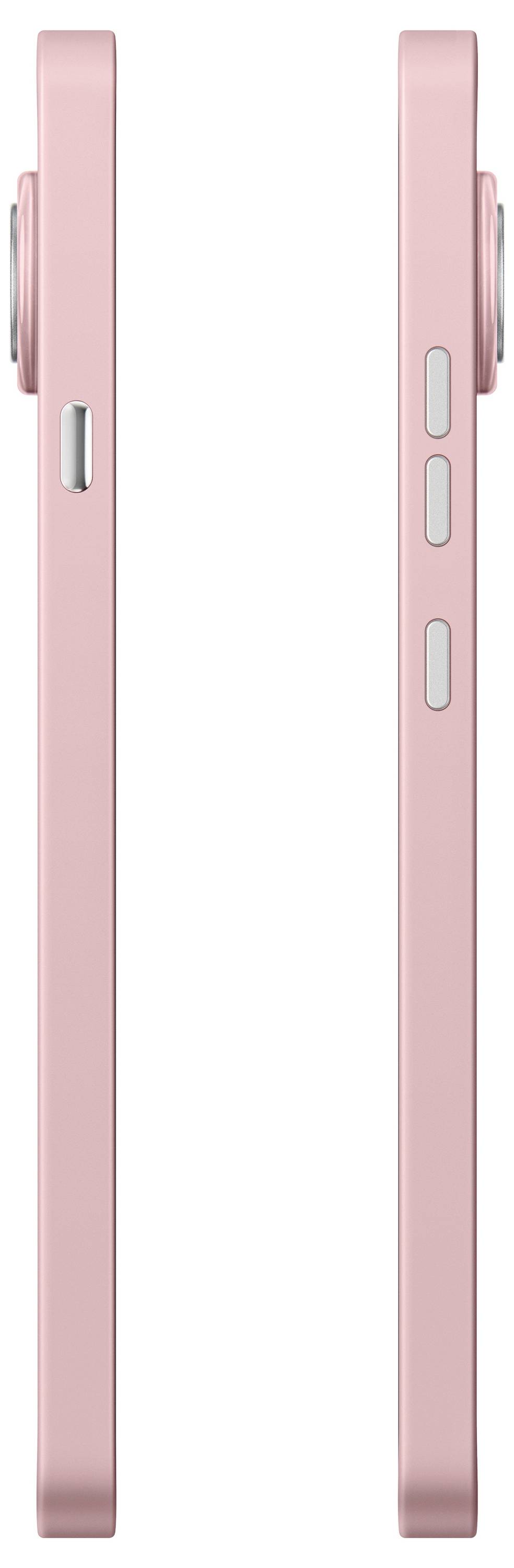 Seitenansichten eines rosa Smartphones, die den dünnen Körper und die seitlichen Tasten an einer Kante zeigen.