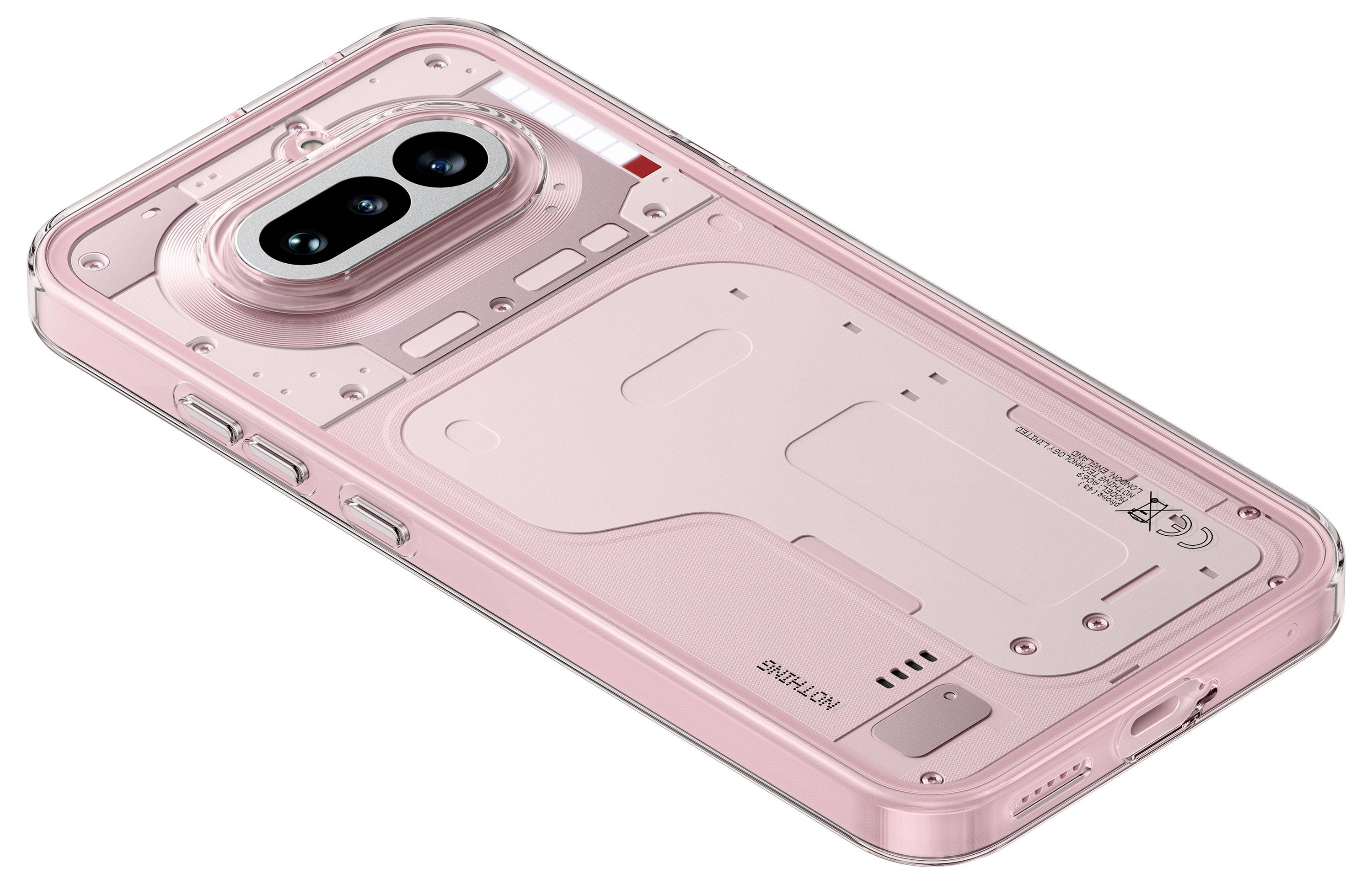 Durchsichtige rosa Schutzhülle für Smartphones mit erhöhtem Kameraverschluss und sichtbaren Details der Rückseite.