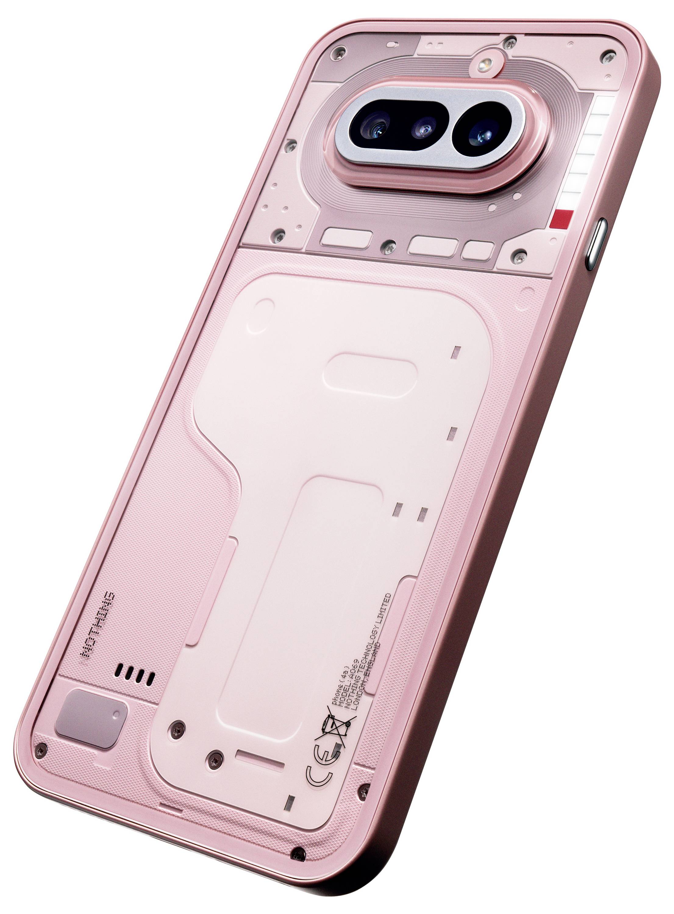 Rosa durchscheiniges Smartphone-Etui, das die Rückseite des Telefons und die Dual-Kamera-Aussparung zeigt, mit einem sichtbaren Tech-Style-Innendesign durch die Abdeckung.