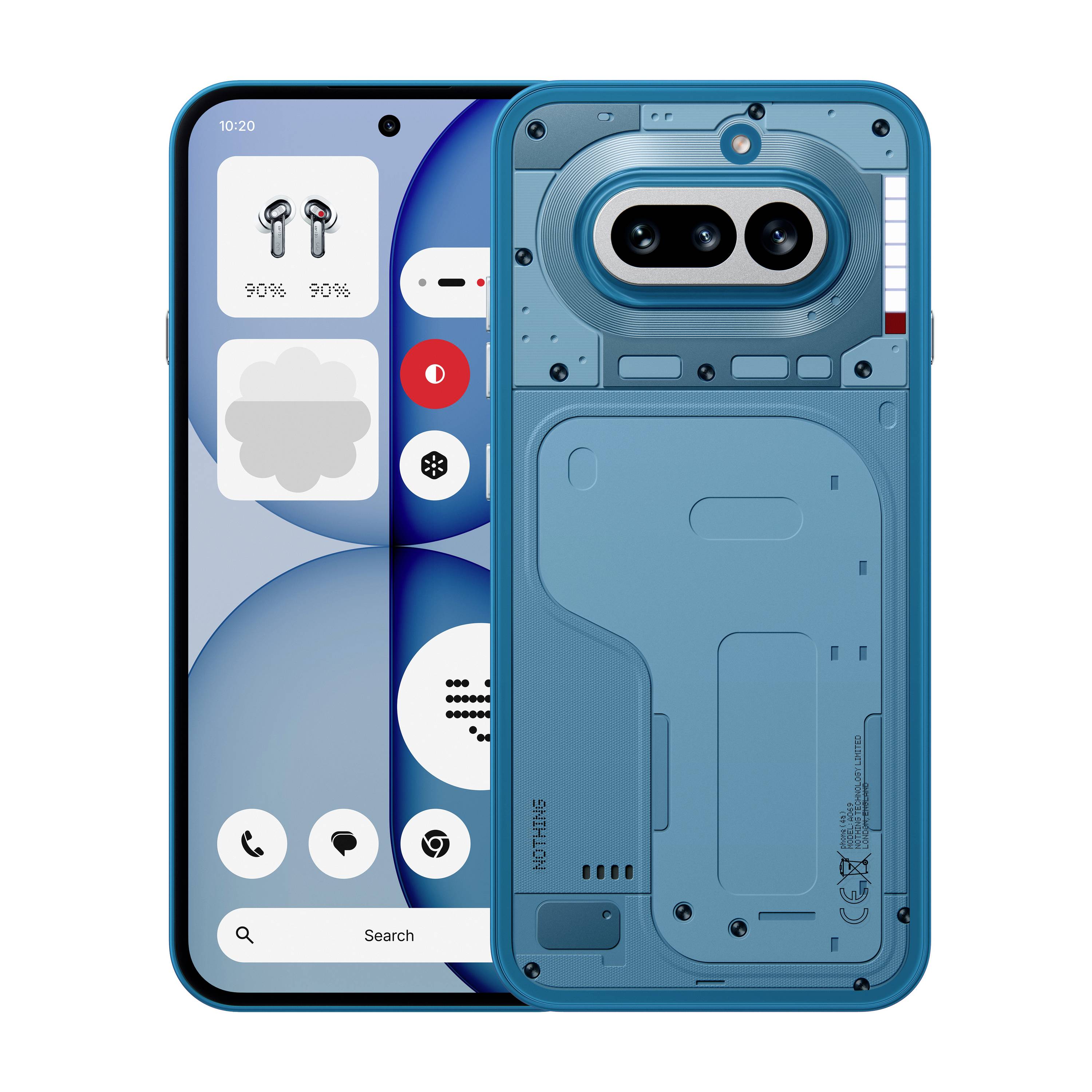 Blaues Smartphone von vorne und hinten dargestellt, mit einem stilisierten Startbildschirm auf der Vorderseite und einem sichtbaren Dual-Kamera-Modul auf der Rückseite.
