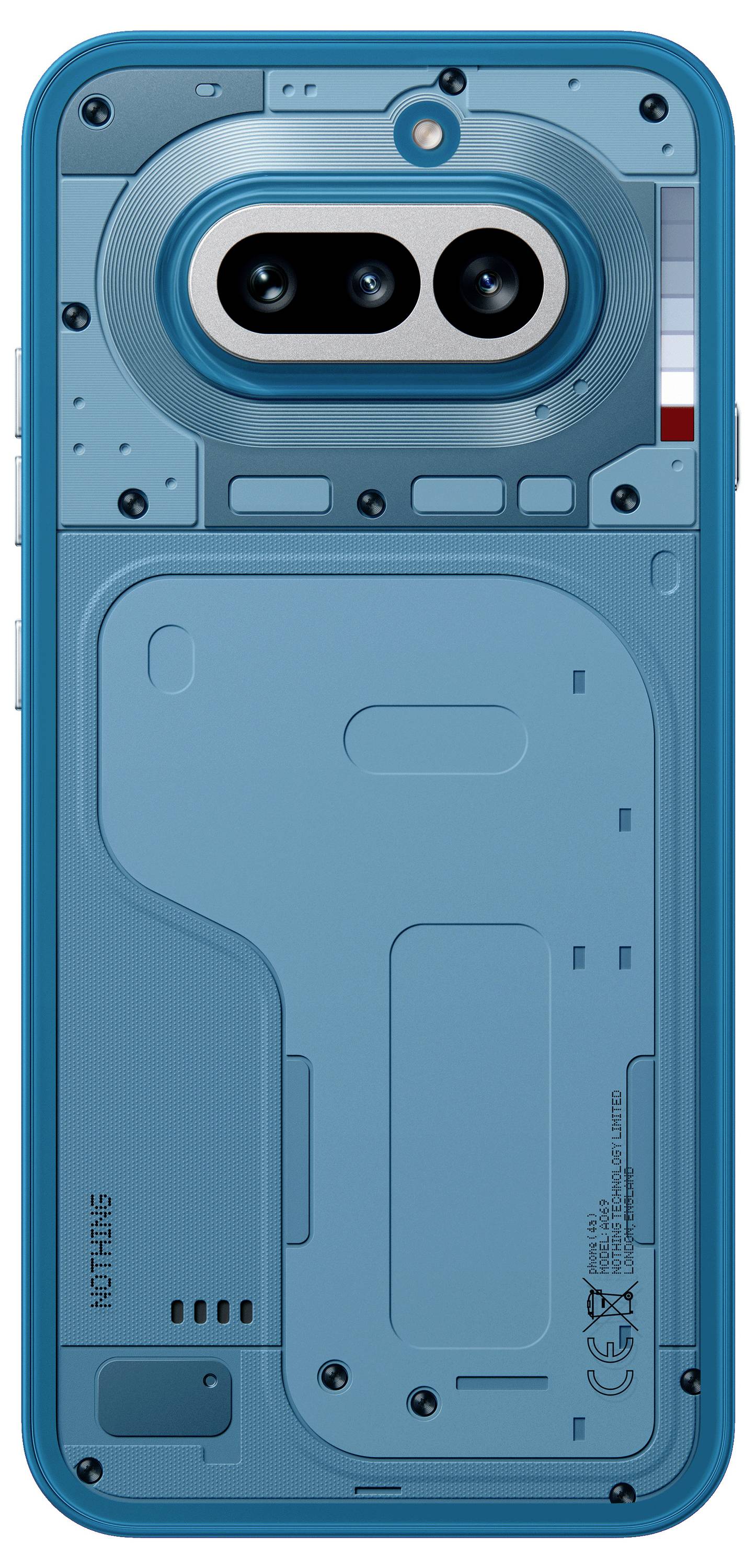 Rückansicht eines blauen Smartphones mit einem großen Dual-Kamera-Modul und Blitz in der Nähe der Oberseite zentriert.