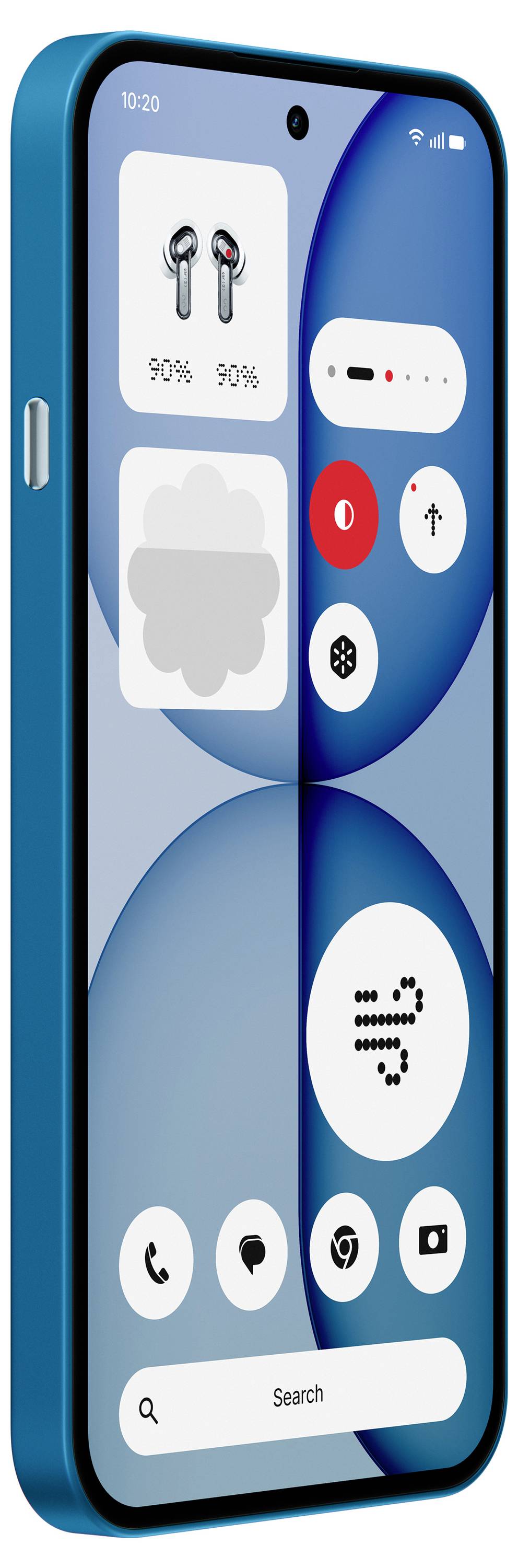 Ein Smartphone-Startbildschirm zeigt Batterie-Widgets für kabellose Ohrhörer und ein Ladegehäuse mit App-Symbolen und einer Suchleiste auf einem blauen abstrakten Hintergrund.