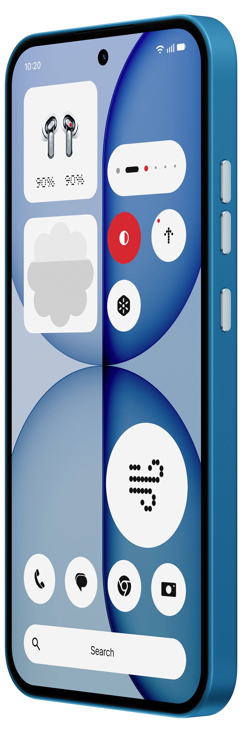 Ein Smartphone-Startbildschirm, dargestellt in einem 3D-Telefon-Mockup in Blau mit Widgets, App-Symbolen und einer Suchleiste.