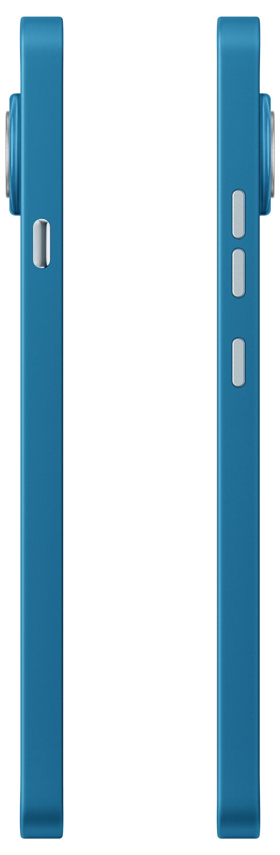 Seitenansicht eines blauen Smartphones, die die linke Kante mit einem Stummschalter und die rechte Kante mit Lautstärkereglern zeigt.