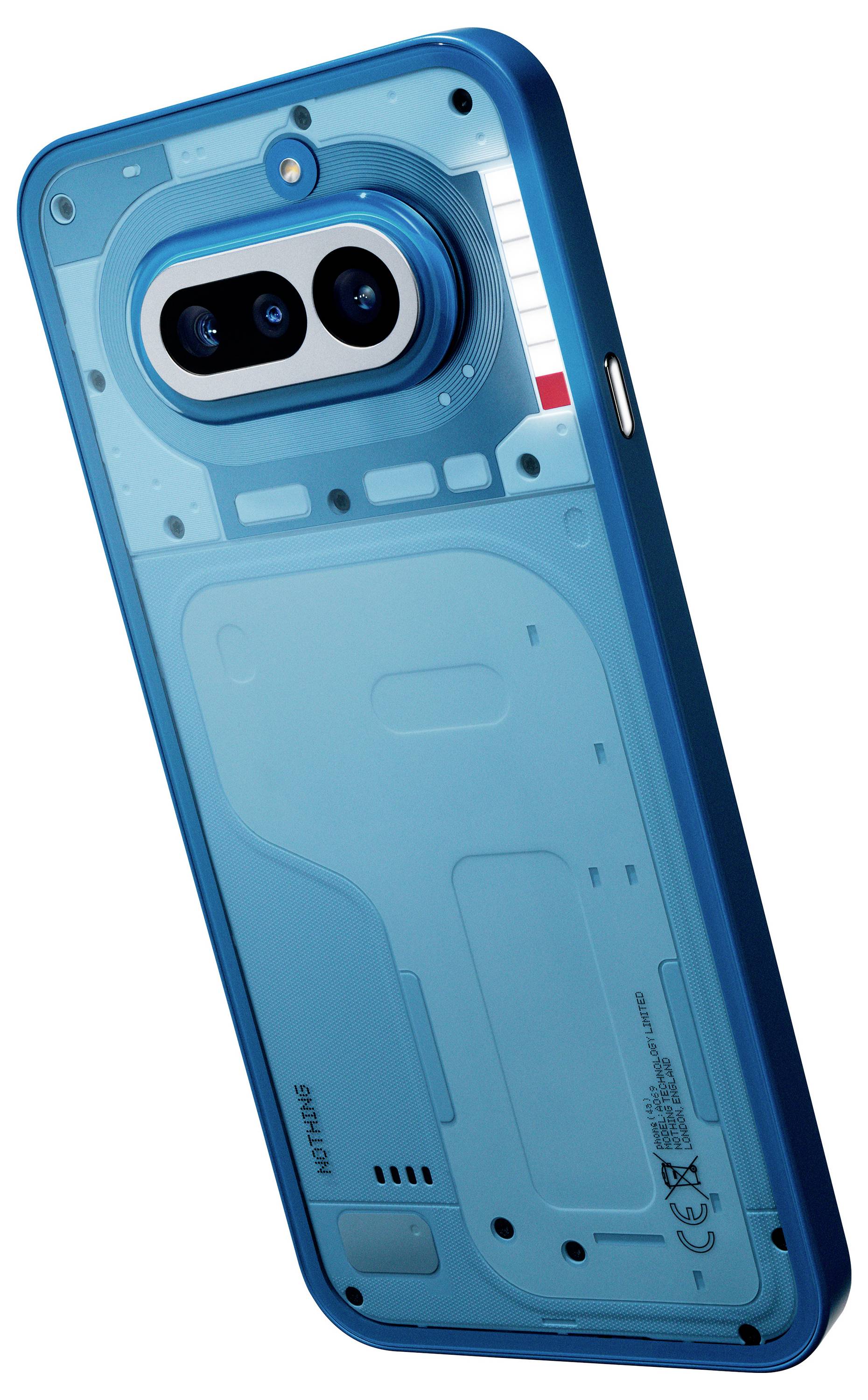 Transparente blaue Smartphone-Schutzhülle, die die Rückseite eines Telefons mit Dual-Kamera-Objektiven und Blitzausschnitt zeigt.