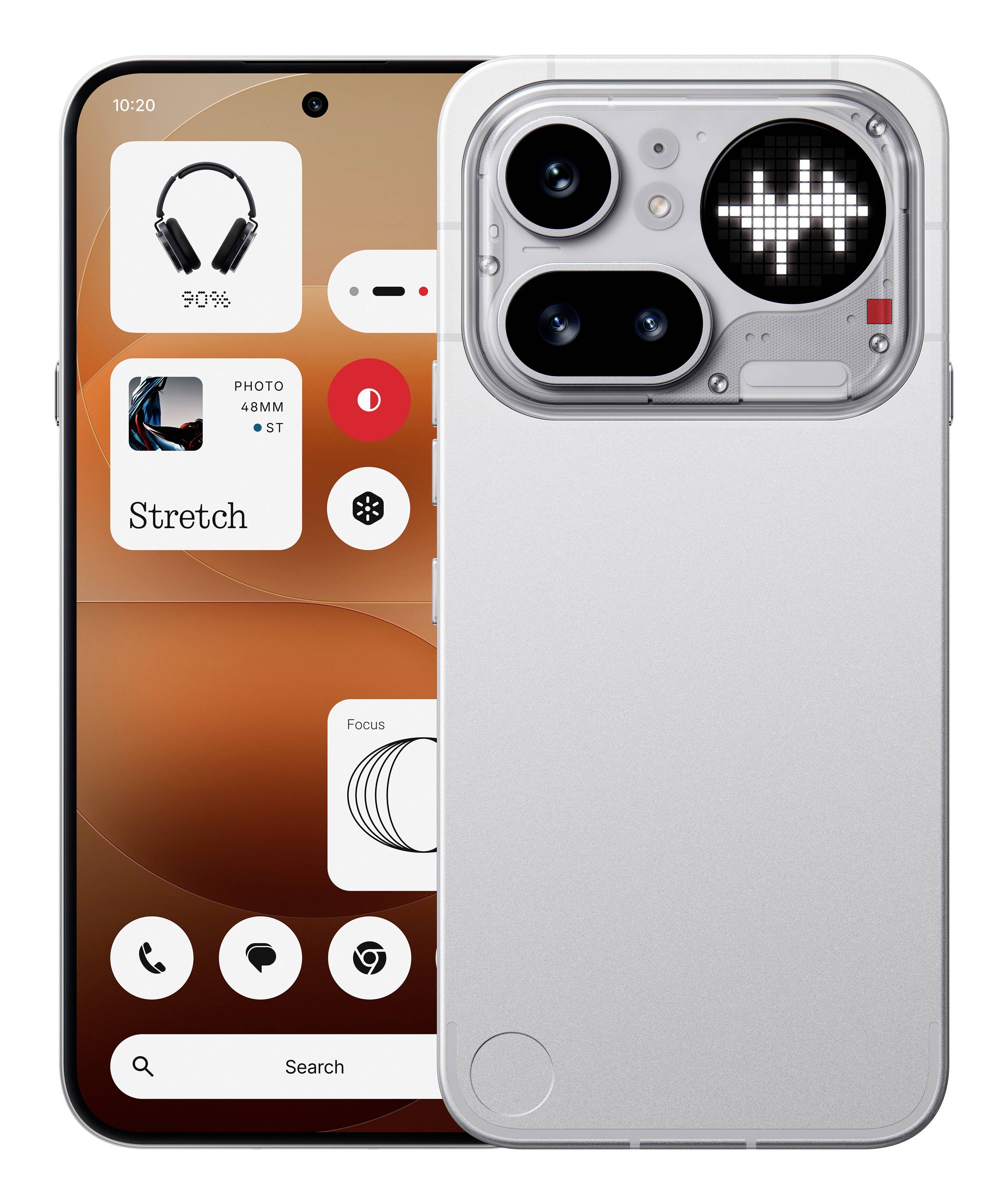 Zwei Smartphones, von vorne und hinten gezeigt; das Display zeigt Widgets auf einem orangefarbenen Startbildschirm, und die Rückseite hat ein silbernes Kameramodul mit einem Pixel-Herz-Licht.