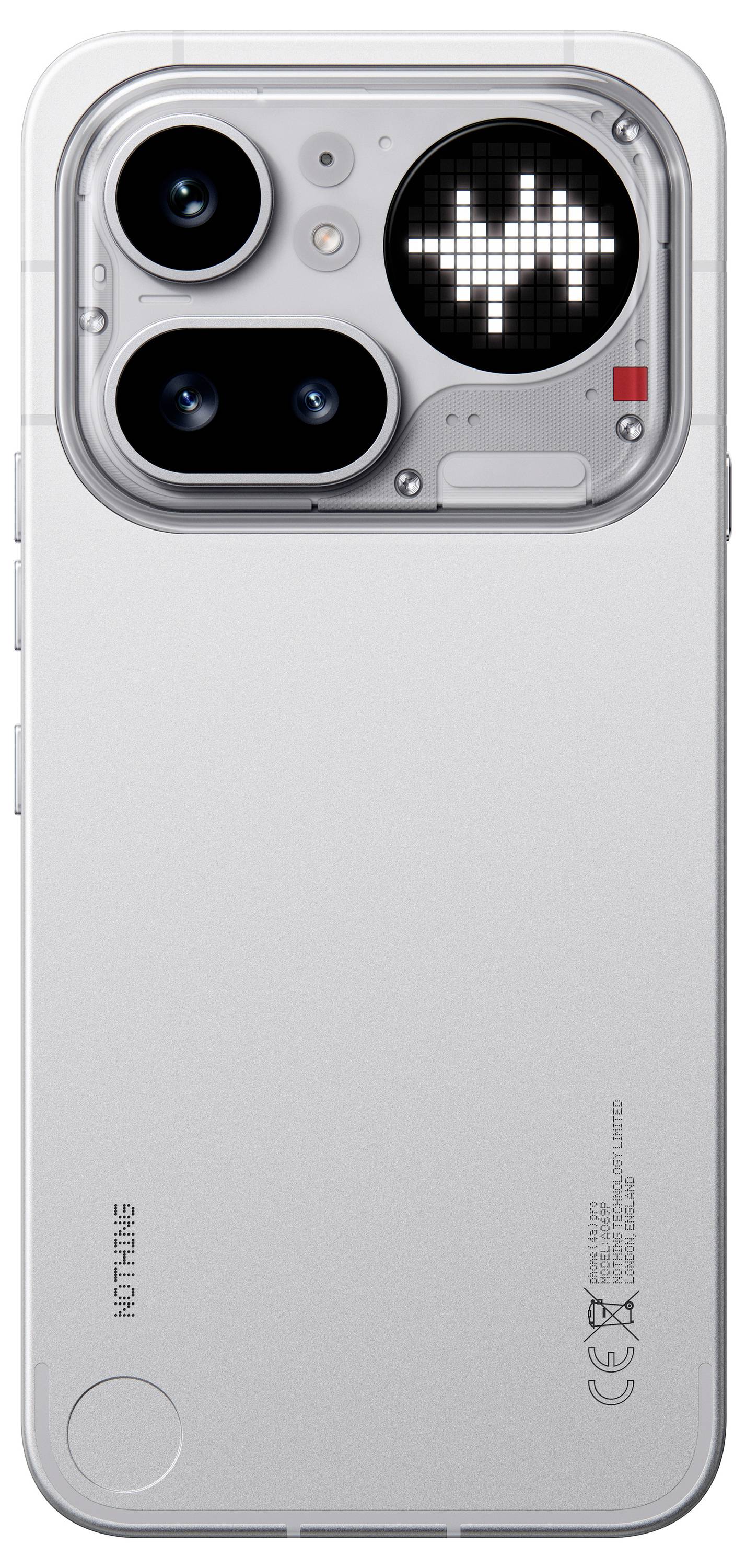 Rückseite eines silbernen Nothing-Smartphones mit Dual-Kameras und einem schwarzen Punktmatrix-Display mit weißem Wellenformsymbol.