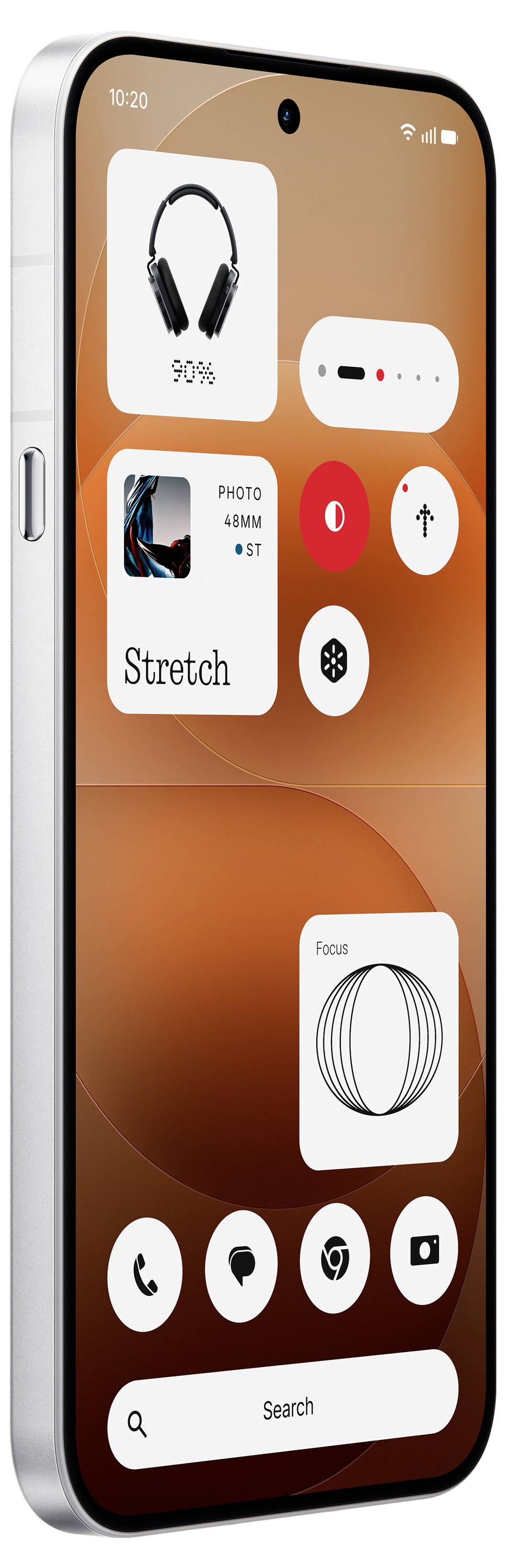 Smartphone-Startbildschirm mit orangefarbenem Farbverlauf-Hintergrundbild, zeigt Musik-, Foto- und Dehnungs-Widgets sowie zirkuläre App-Verknüpfungen und eine Suchleiste.