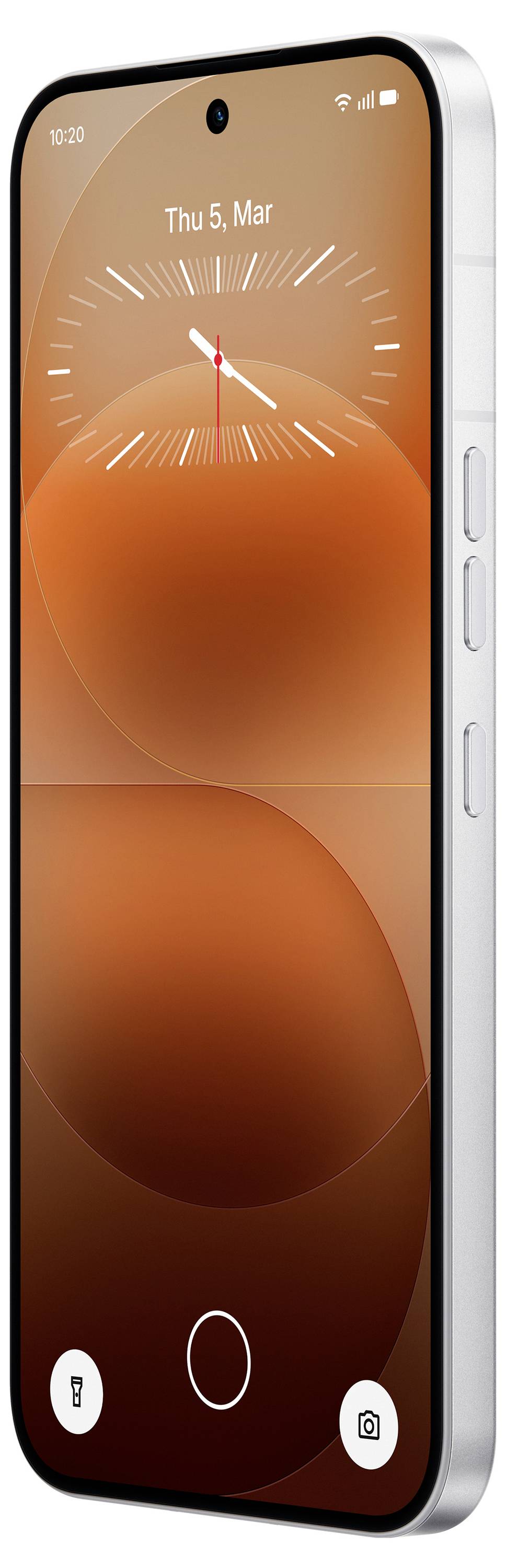 Ein Smartphone mit einem orangefarbenen Sperrbildschirm, auf dem das Datum „Do 5. März