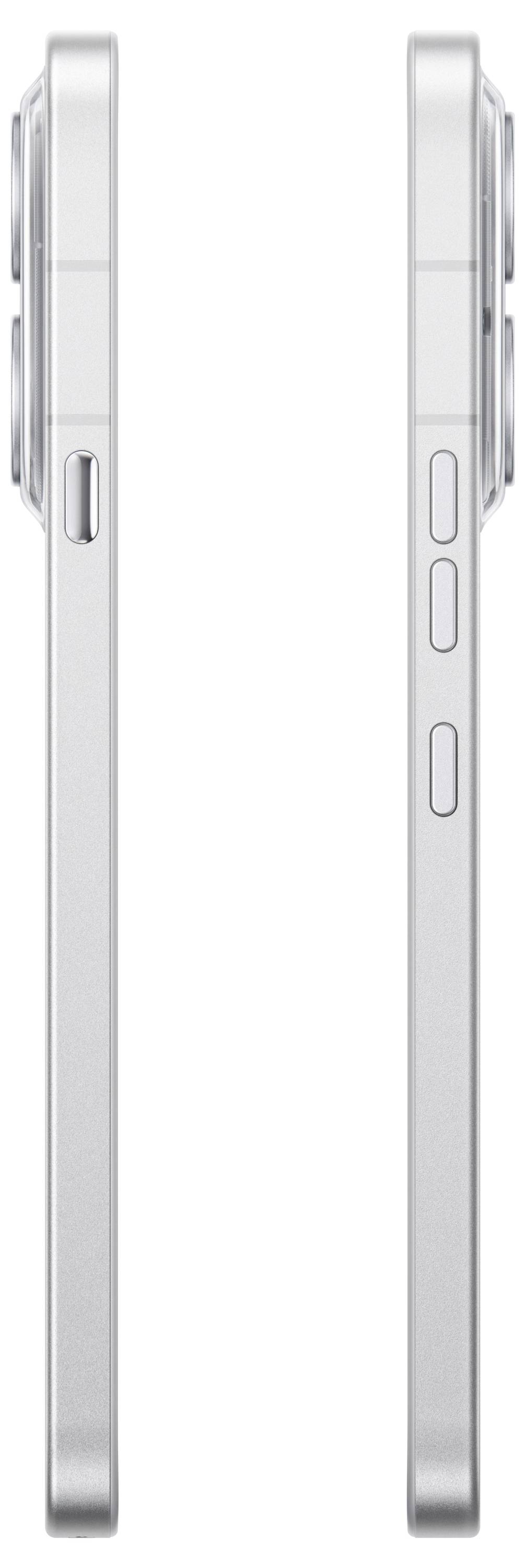 Seiten- und Rückansichten eines silbernen Smartphones, das das schlanke Profil, die Kameraerhebung und die seitlichen Tasten zeigt.