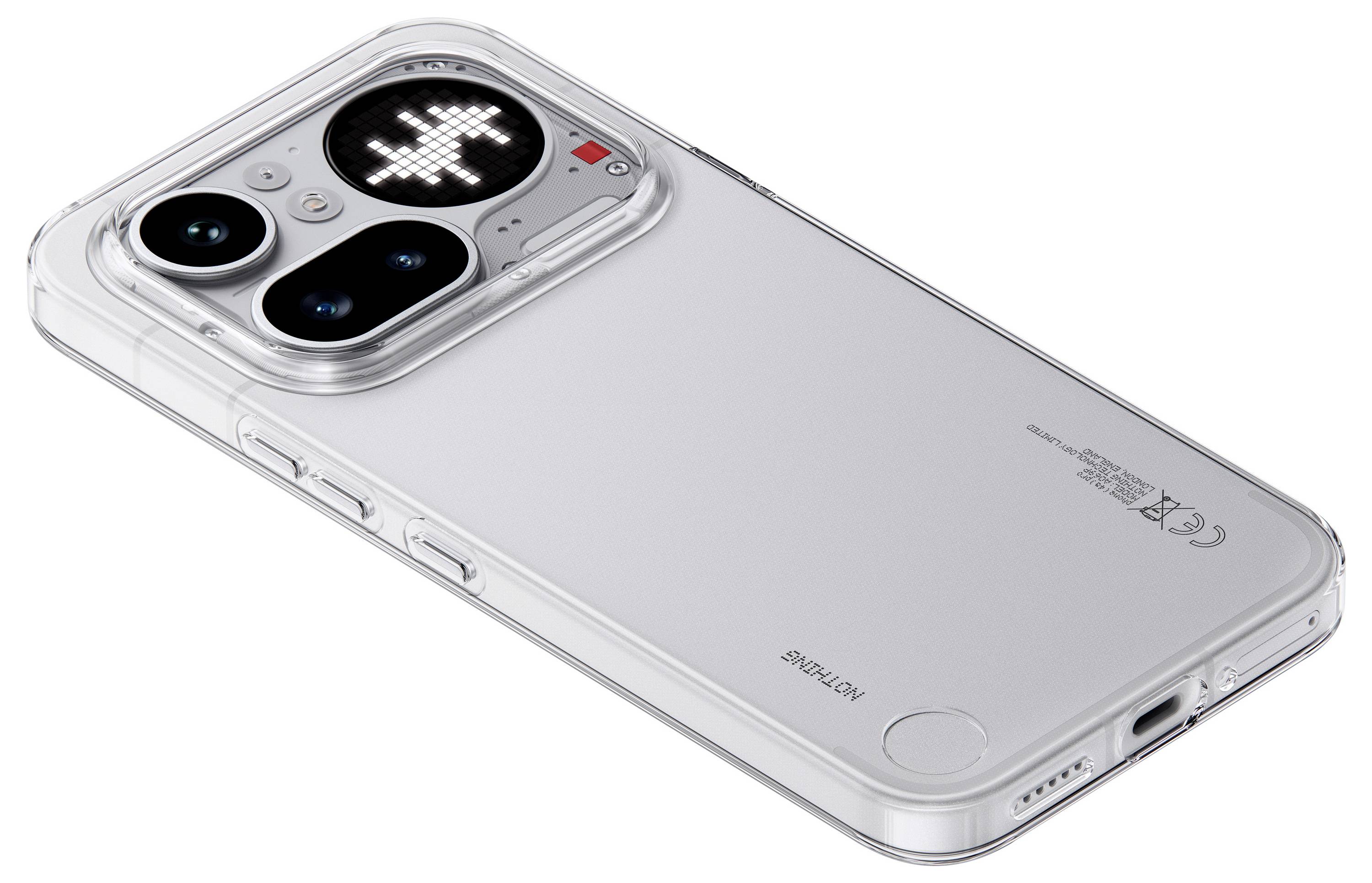 Durchsichtiges iPhone-Gehäuse auf einem silbernen Telefon, das dreifache rückwärtige Kameras und ein kreisförmiges LED-Display im MagSafe-Stil mit einem Pixel-Herz-Symbol zeigt.