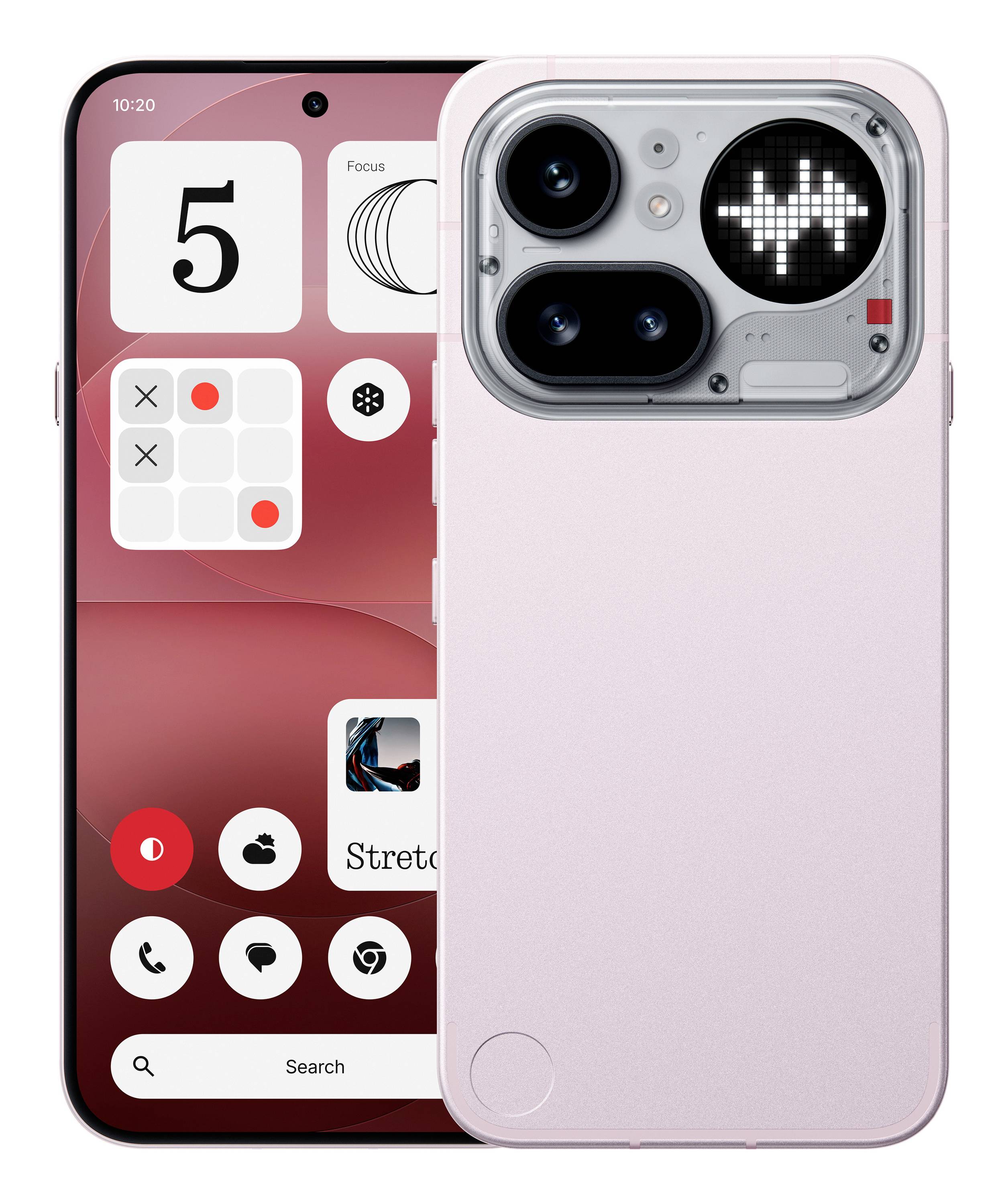 Rosa Smartphone von vorne und hinten gezeigt, wobei die Rückseite ein großes Dual-Kamera-Modul und ein leuchtendes Pixel-Herz im Kamerabereich offenbart.