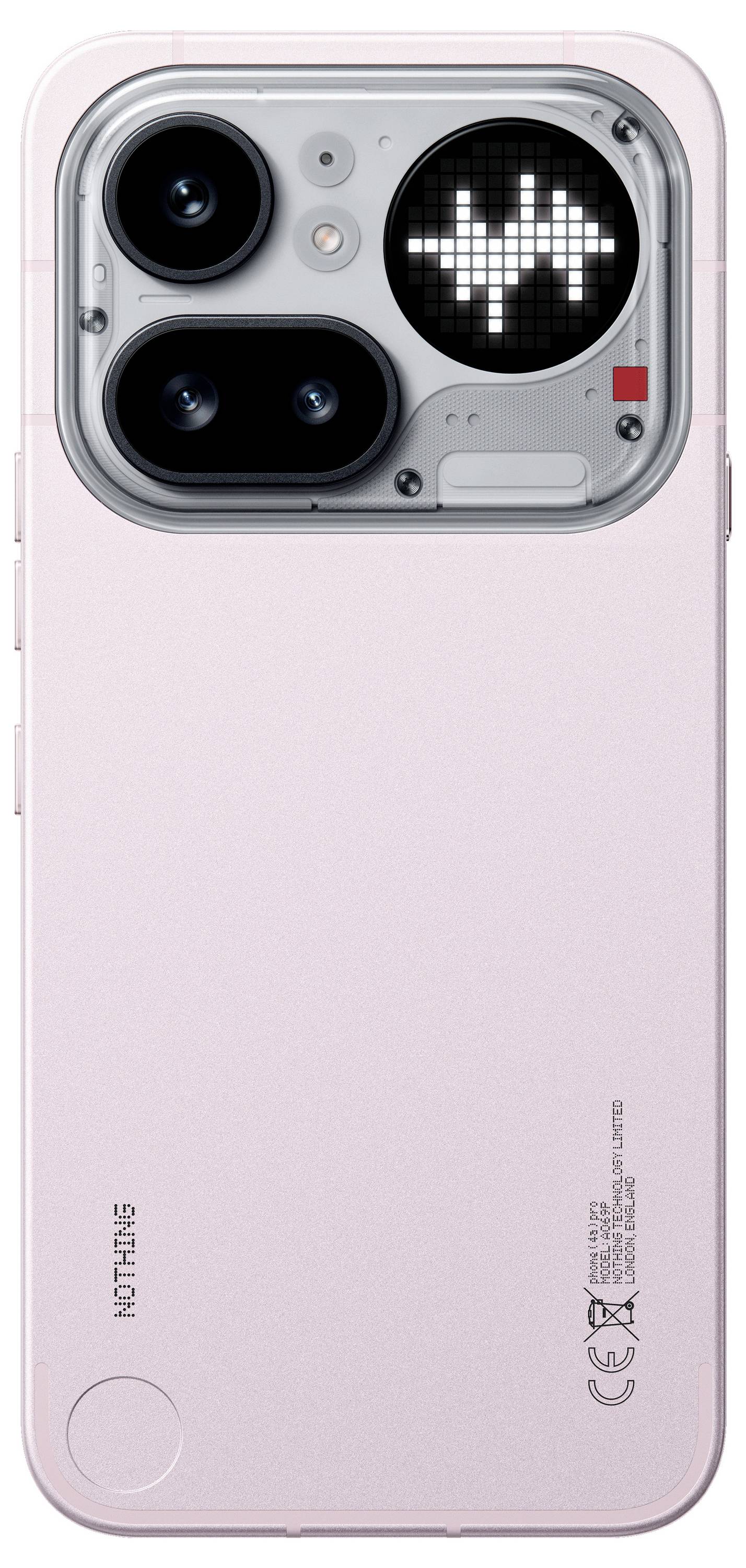 Rückseite eines rosa Nothing-Smartphones mit einem kameramodul im transparenten Stil und einem kleinen Dot-Matrix-Statusdisplay oben.