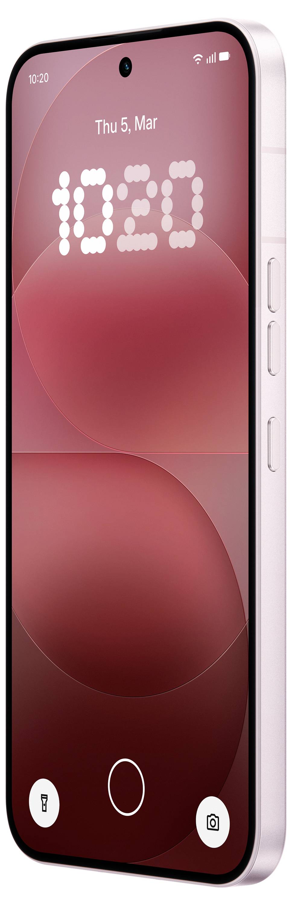 Ein rosa Smartphone in Vorderansicht mit aktiviertem Sperrbildschirm, auf dem "Do 5, Mär" und die Uhrzeit "10:20" angezeigt werden.