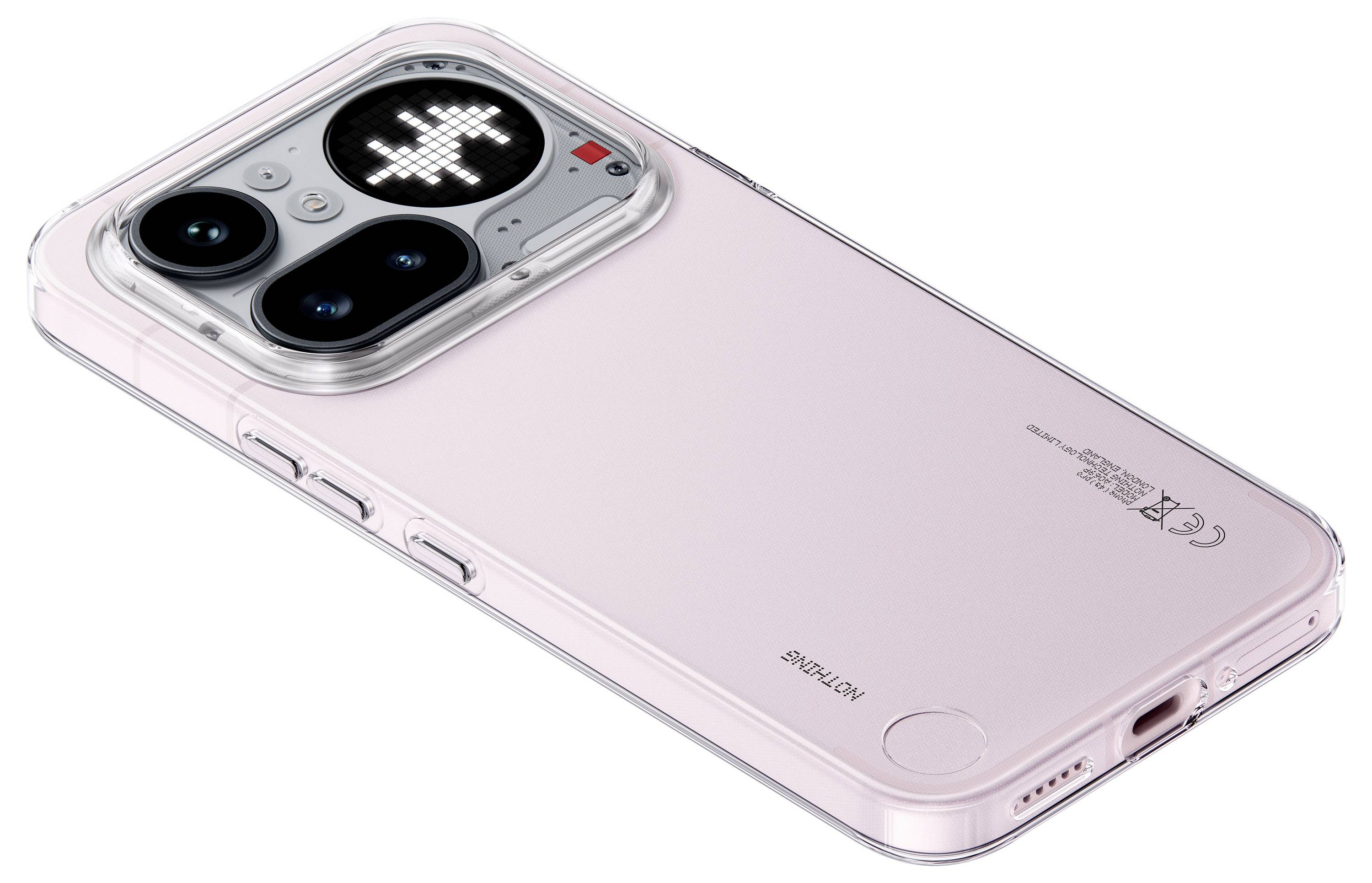 Rosa Smartphone-Hülle mit erhöhtem Kameraabdeckung mit leuchtendem Pixel-Herz-Design in der Nähe der hinteren Kameraobjektive.