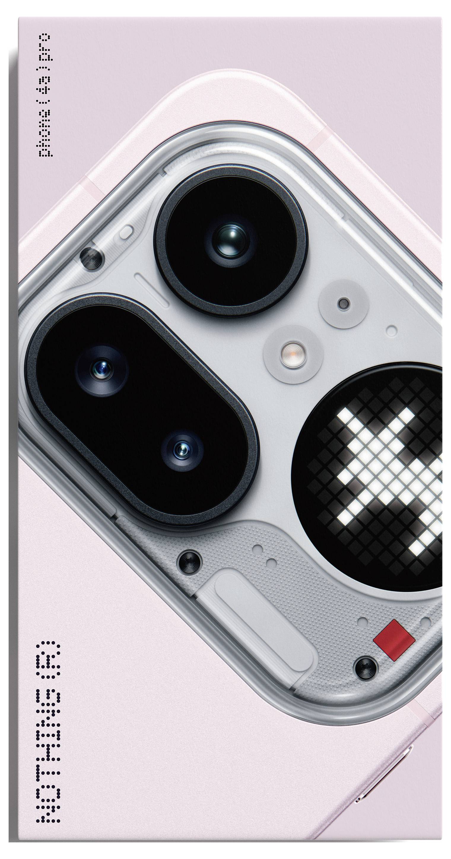 Ein Smartphone mit transparenter Hülle, diagonal auf rosa Hintergrund dargestellt, mit großen Kameraobjektiven und einem Pixel-Stil-"NOTHING"-Logo.