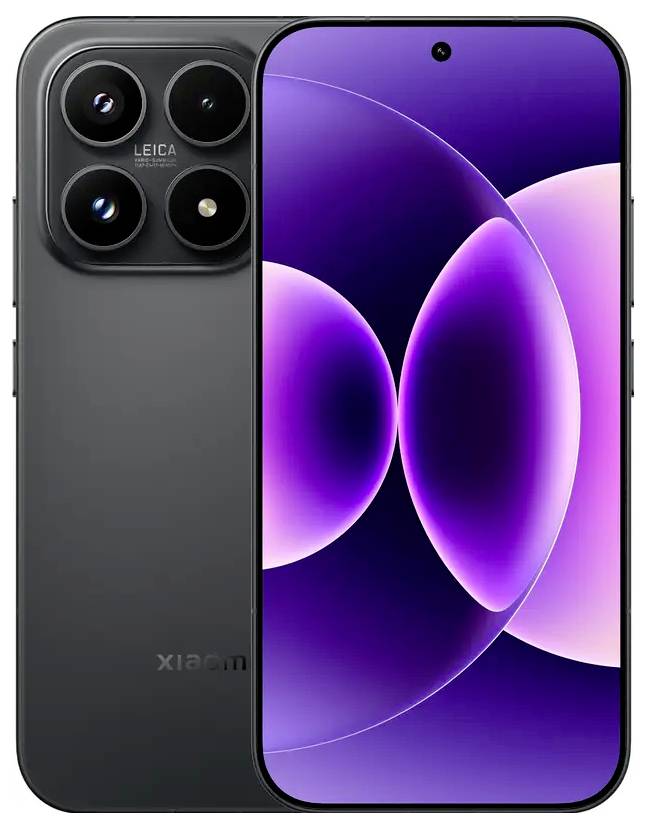 Vorder- und Rückansicht eines Xiaomi-Smartphones mit Triple-Kamera-Setup und lila abstraktem Display-Hintergrundbild.
