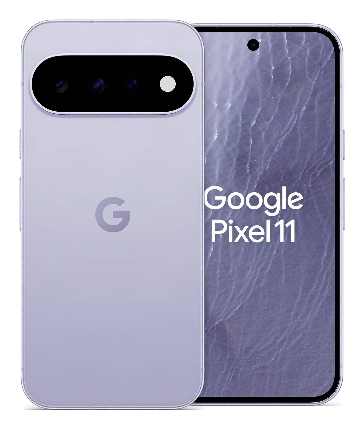 Werbebild eines Google Pixel 11 Smartphones, das die Vorder- und Rückseite in einer hellvioletten Ausführung zeigt.
