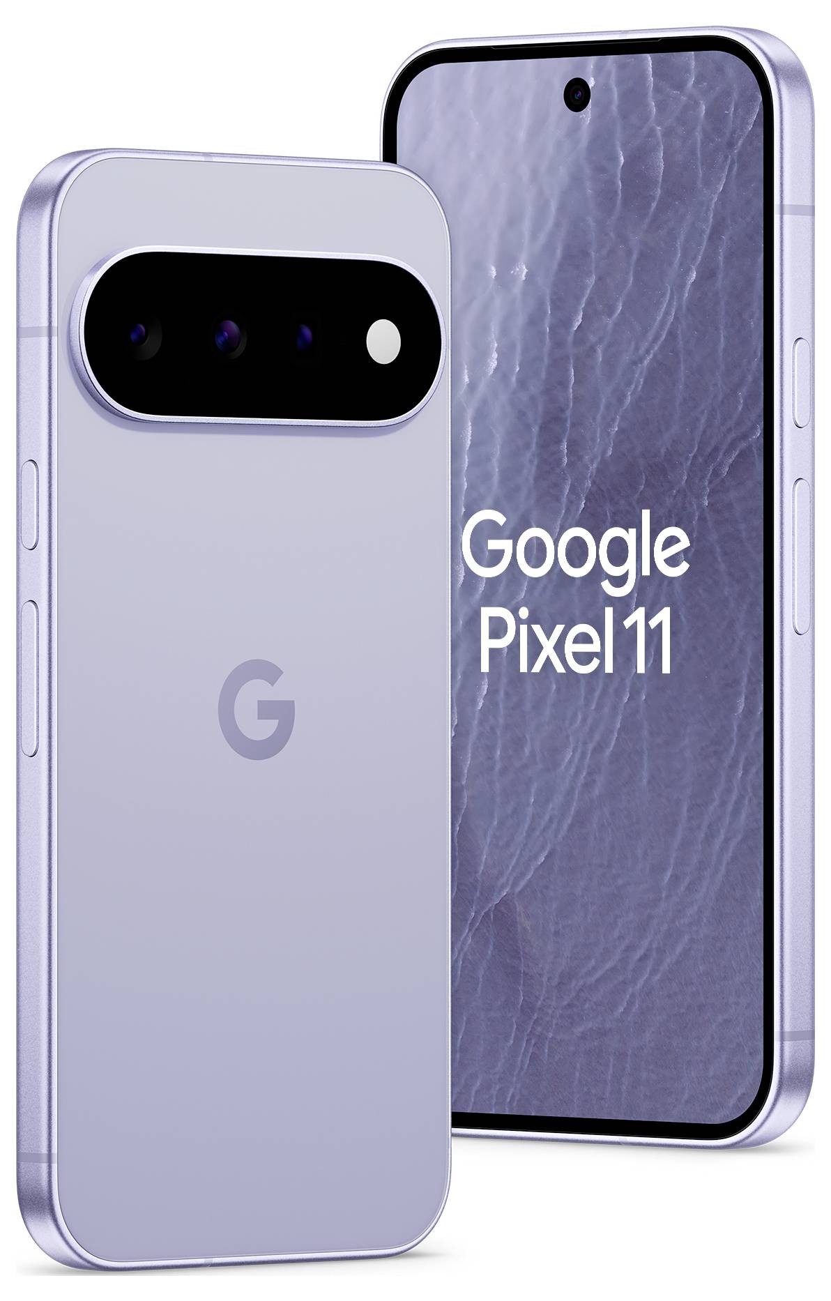 Zwei Google Pixel 11 Smartphones, von vorne und hinten in hellem Violett gezeigt, mit zentriertem Punch-Hole-Display und dreifacher hinterer Kamera-Leiste.