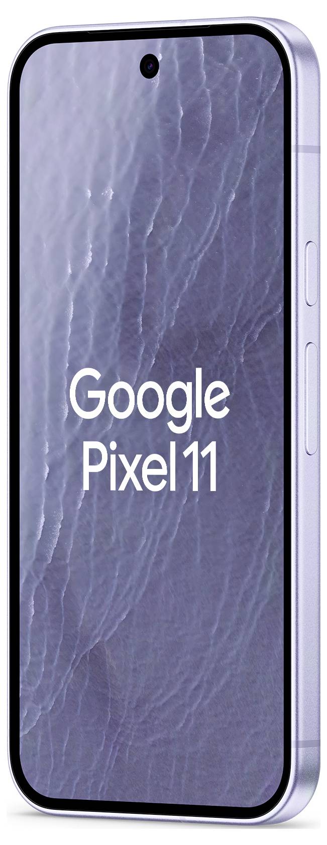 Google Pixel 11 Smartphone in Vorder- und Seitenansicht mit blau-violettem Bildschirm und zentriertem Text „Google Pixel 11