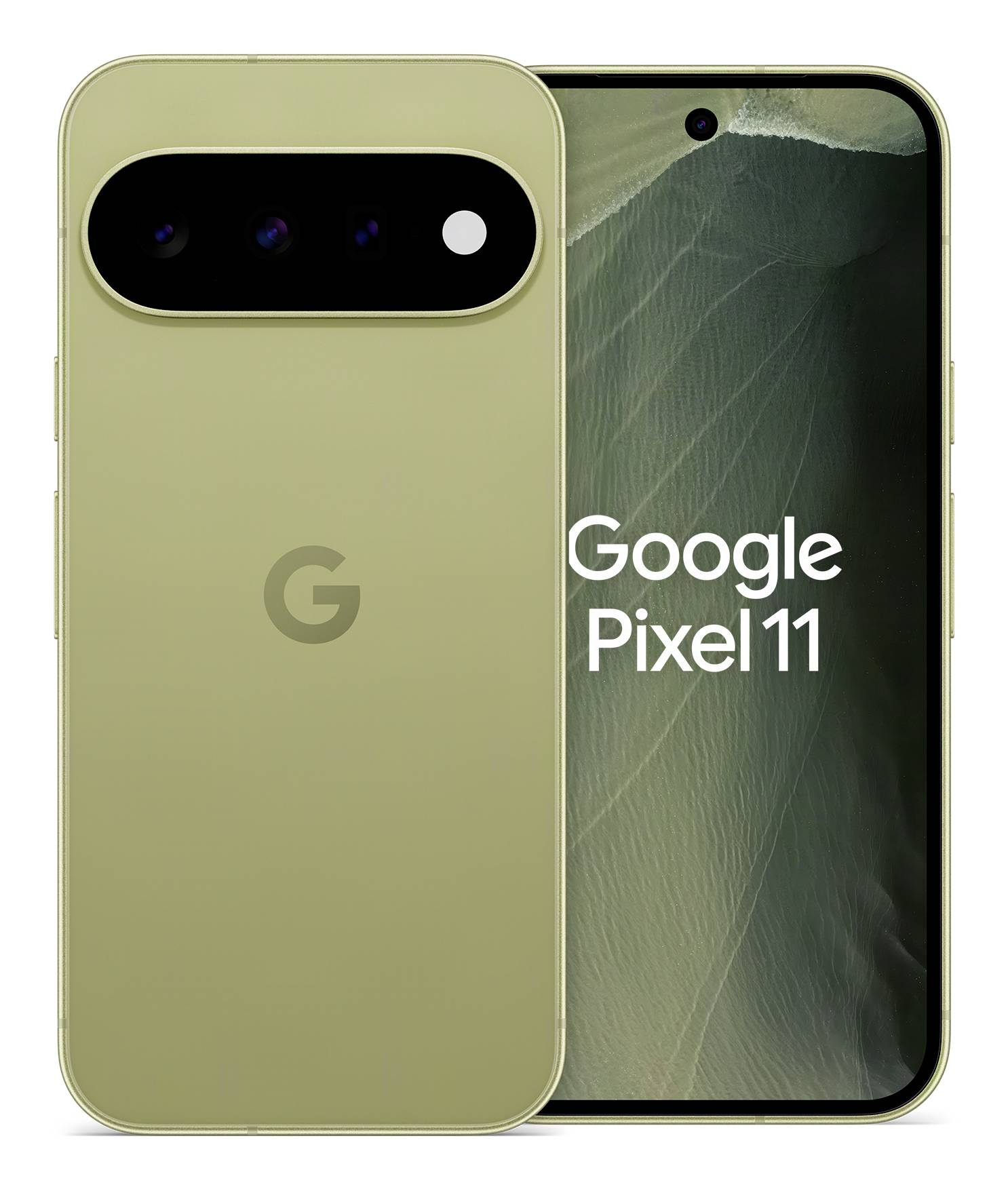 Vorder- und Rückseite eines grünen Google Pixel 11 Smartphones, das die Kameraleiste auf der Rückseite und den 