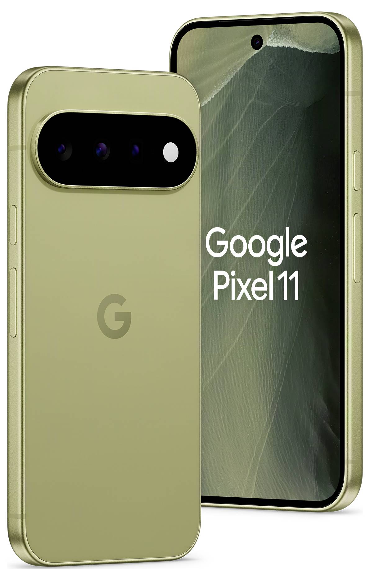 Zwei goldfarbene Google Pixel 11-Smartphones, von vorne und hinten gezeigt, wobei das vordere Display „Google Pixel 11
